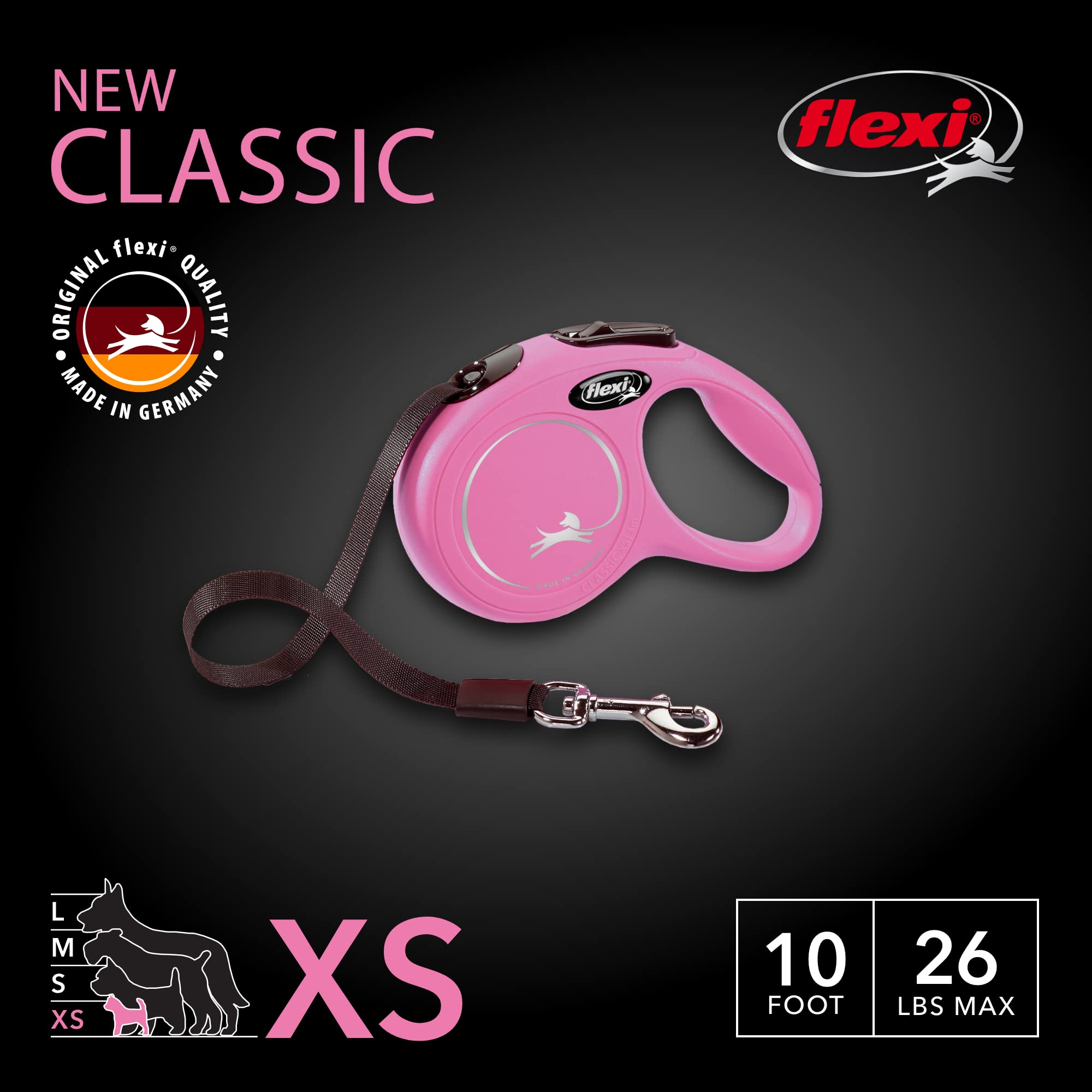 Flexi New Classic Tape Retractable Dog Leash For Small Dogs Upto 26 Lbs. – 10 Ft., Pink | Tangle Free Pet Walking Leash With One-Handed Brake, Pause, Lock|German Quality Product