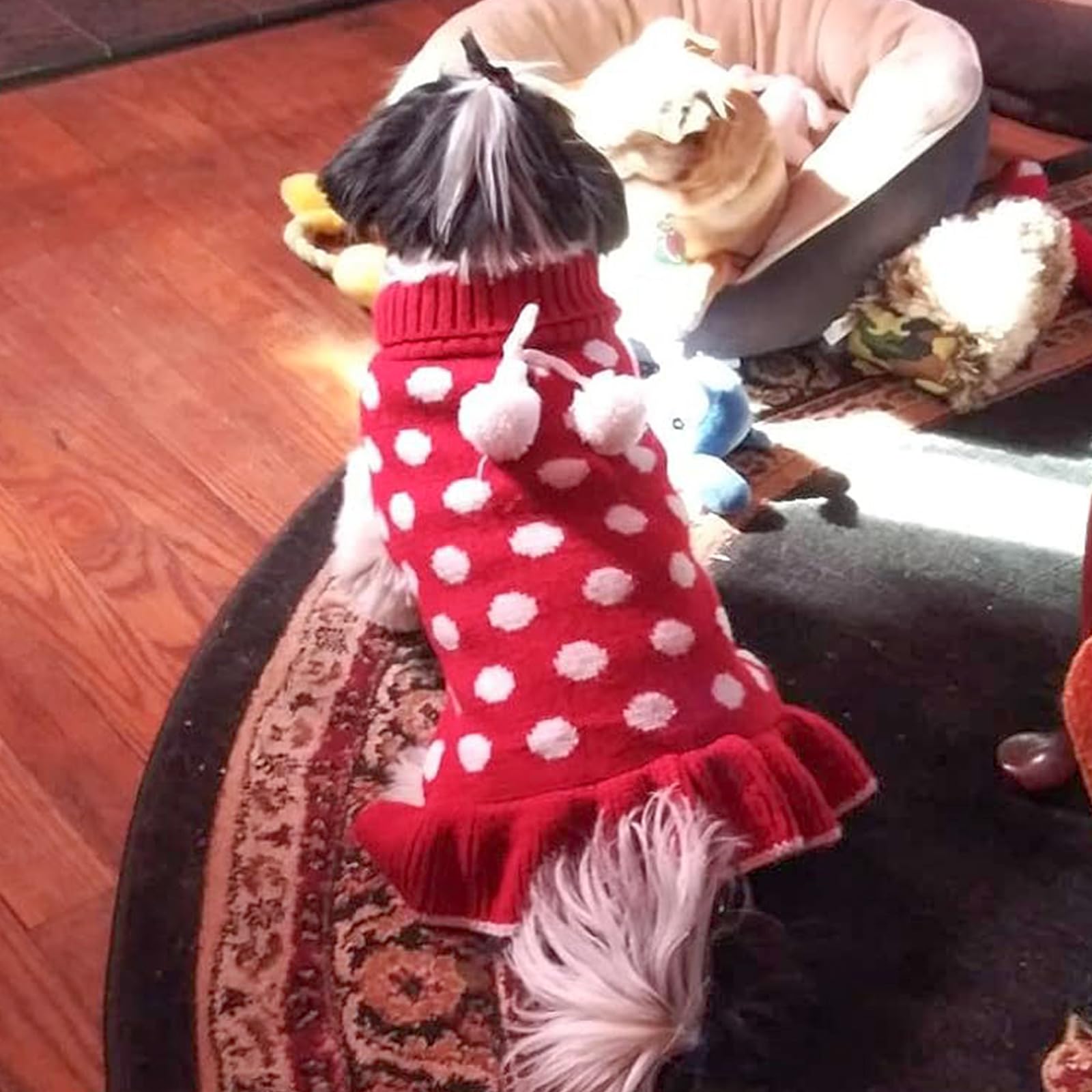 Kyeese Christmas Dog Sweater Dress With Leash Hole Polka Dot Turtleneck Dogs Sweaters Red Knit Pullover With Pom Pom Ball