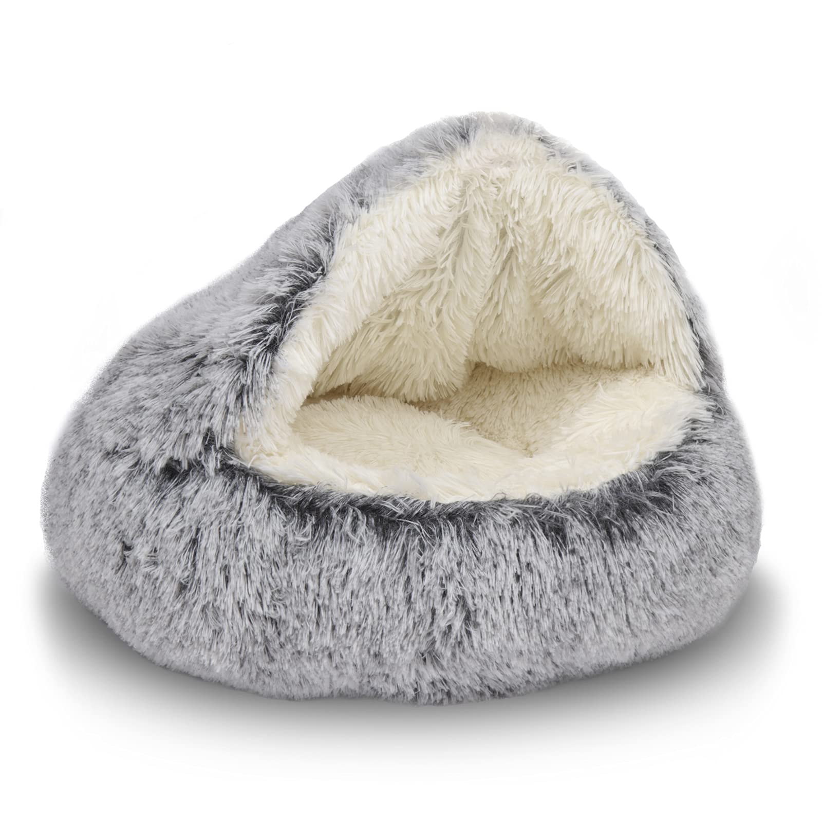 Shinhye Cat Bed Round Plush Fluffy Hooded Cat Bed Cave, Cozy For Indoor Cats Or Small Dog Beds, Soothing Pet Beds Doughnut Calm Anti-Nxiety Dog Bed - Waterproof Bottom Washable, Grey.20 Inches