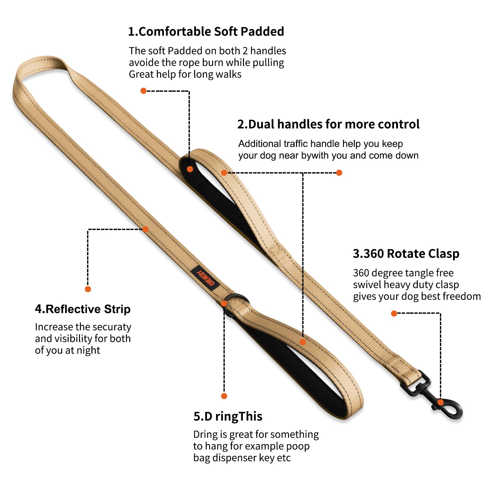 Heavy Duty Double Handle Leash - Reflective Training Lead For Large Breed Dogs (6Ft Khaki)