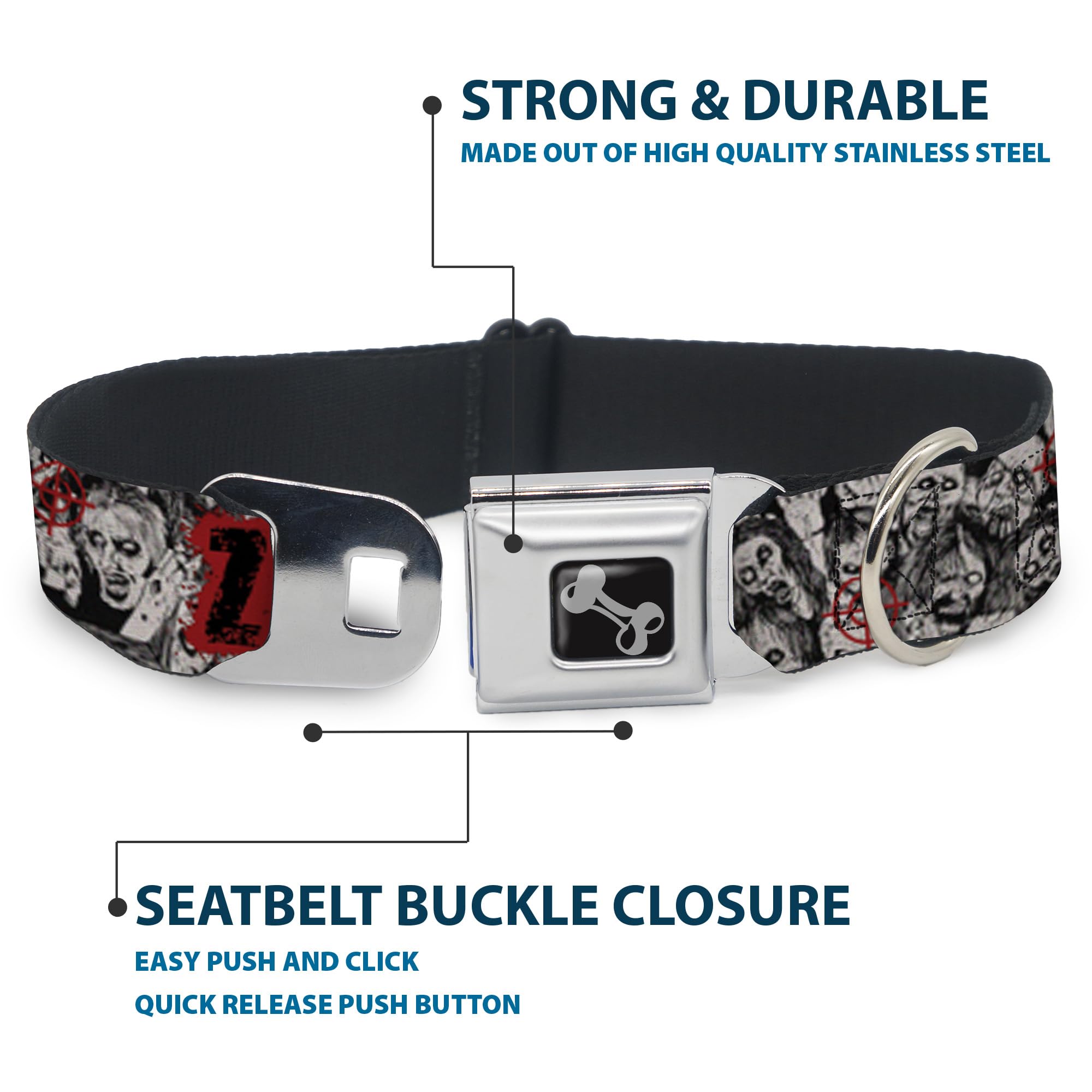 Buckle-Down Seatbelt Buckle Dog Collar - Zombie Killer W/Stacked Zombies Sketch - 1.5'' Wide - Fits 13-18'' Neck - Small