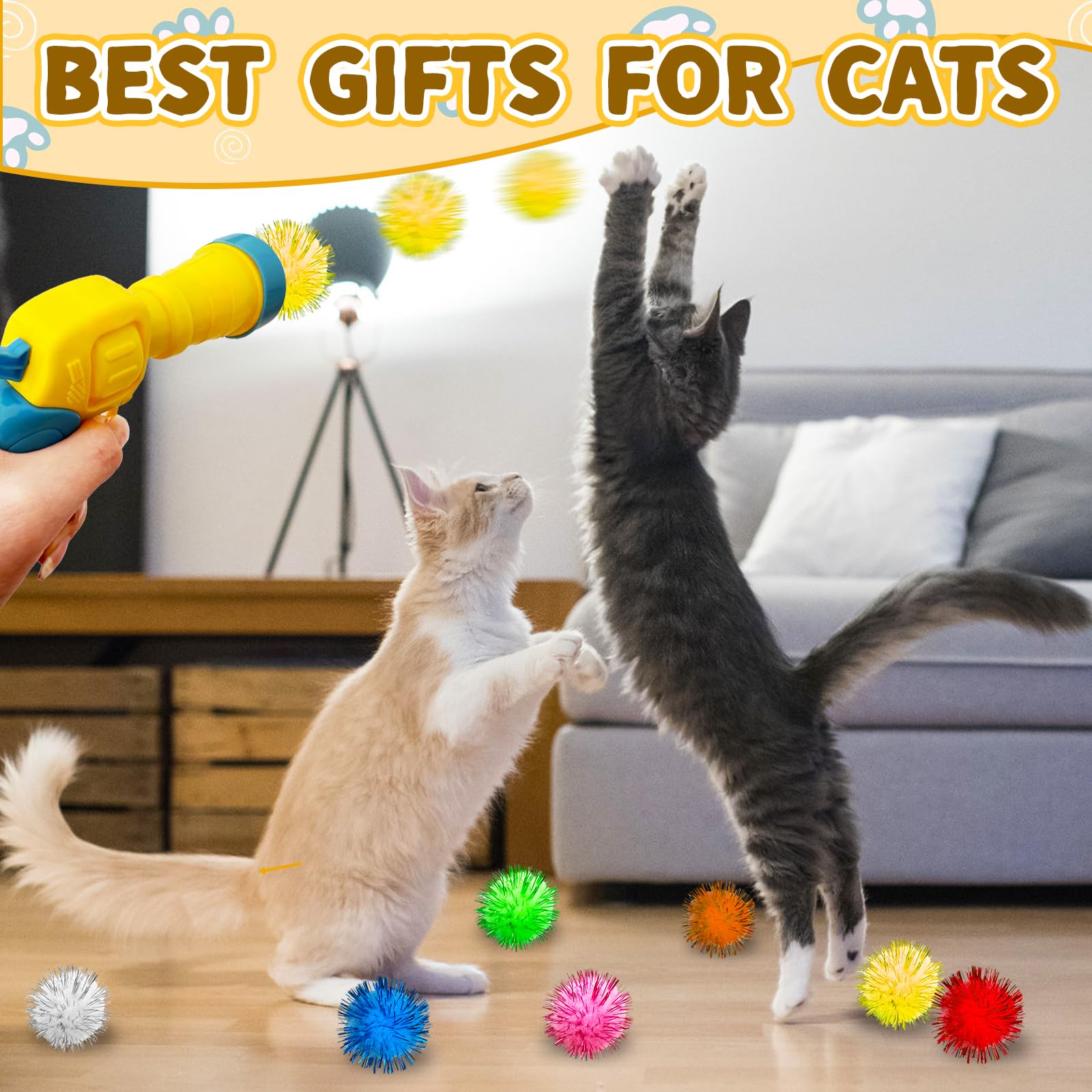 Eerrhhaq Cat Toy Balls With Launchers Set,2 Cat Toy Launchers & 100 Glitter Cat Pom Pom Balls,Cat Fetch Toy Interactive Cat Toy