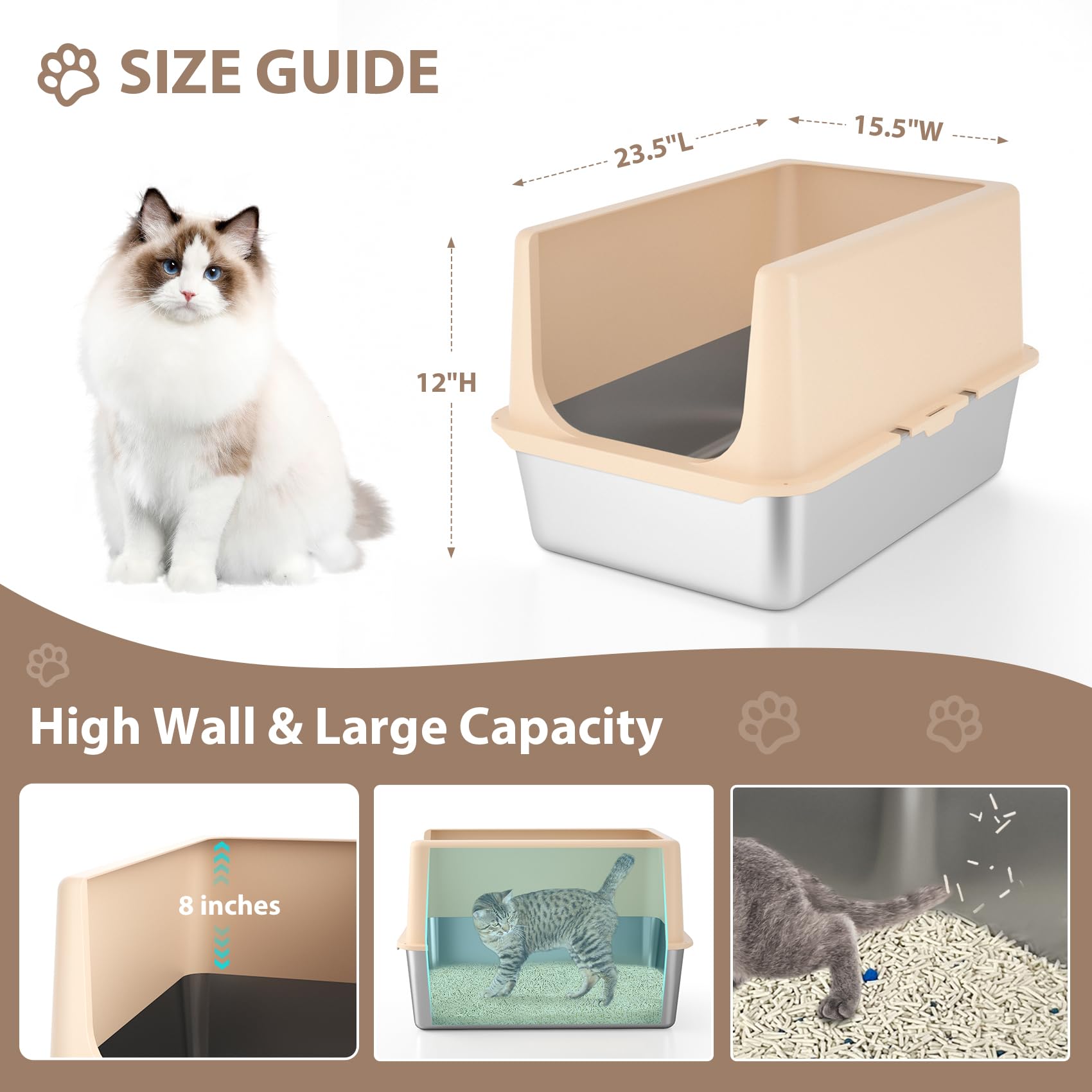 Stainless Steel Cat Litter Box, Metal Litter Box With Lid, 14 Extra Large Litter Boxes For Big Cats, High Sided Beige Cat Box