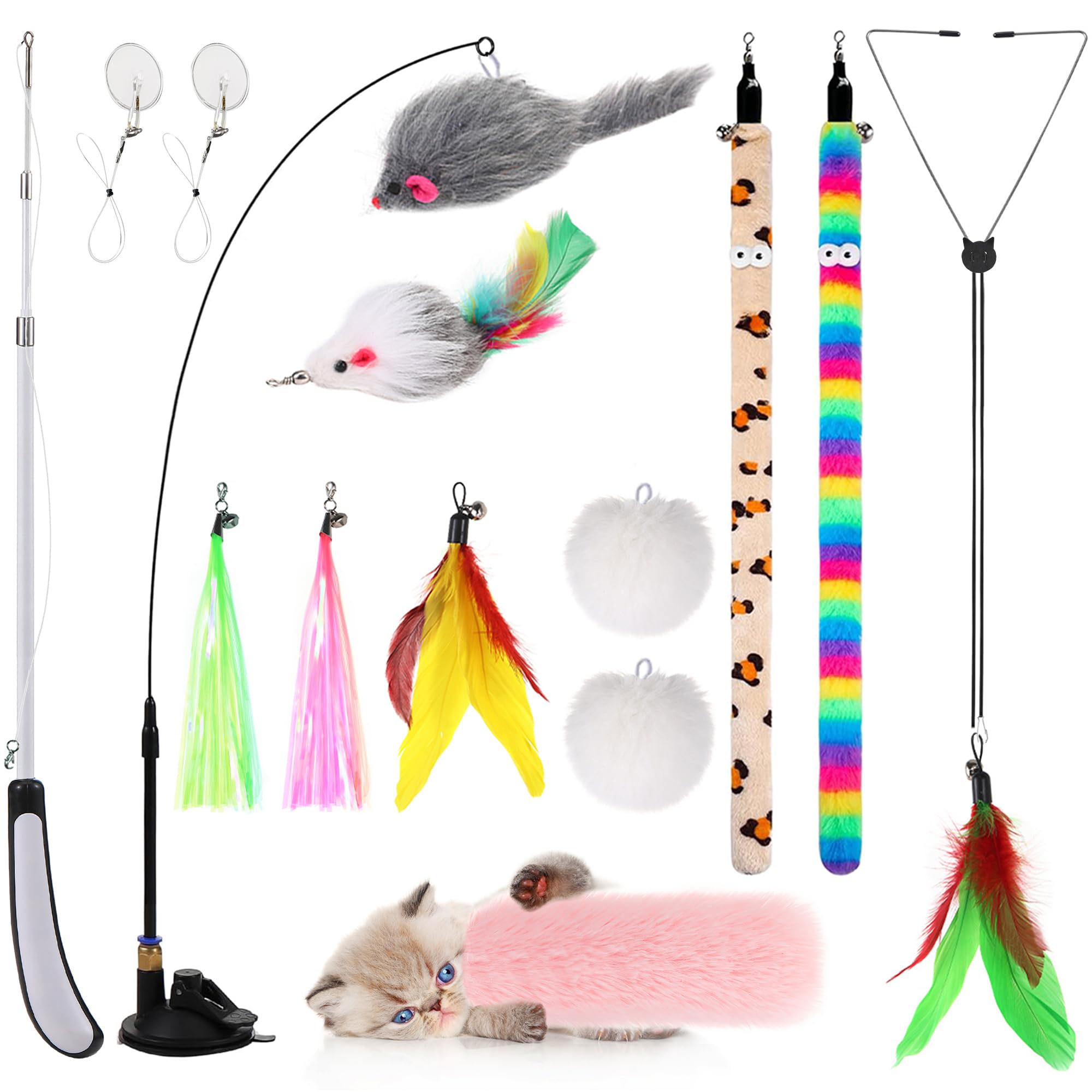Janbenty 4-In-1 Interactive Cat Feather Toys With Retractable Fishing Pole And Enhanced Suction Cup Catnip Toy Wand For Indoor K