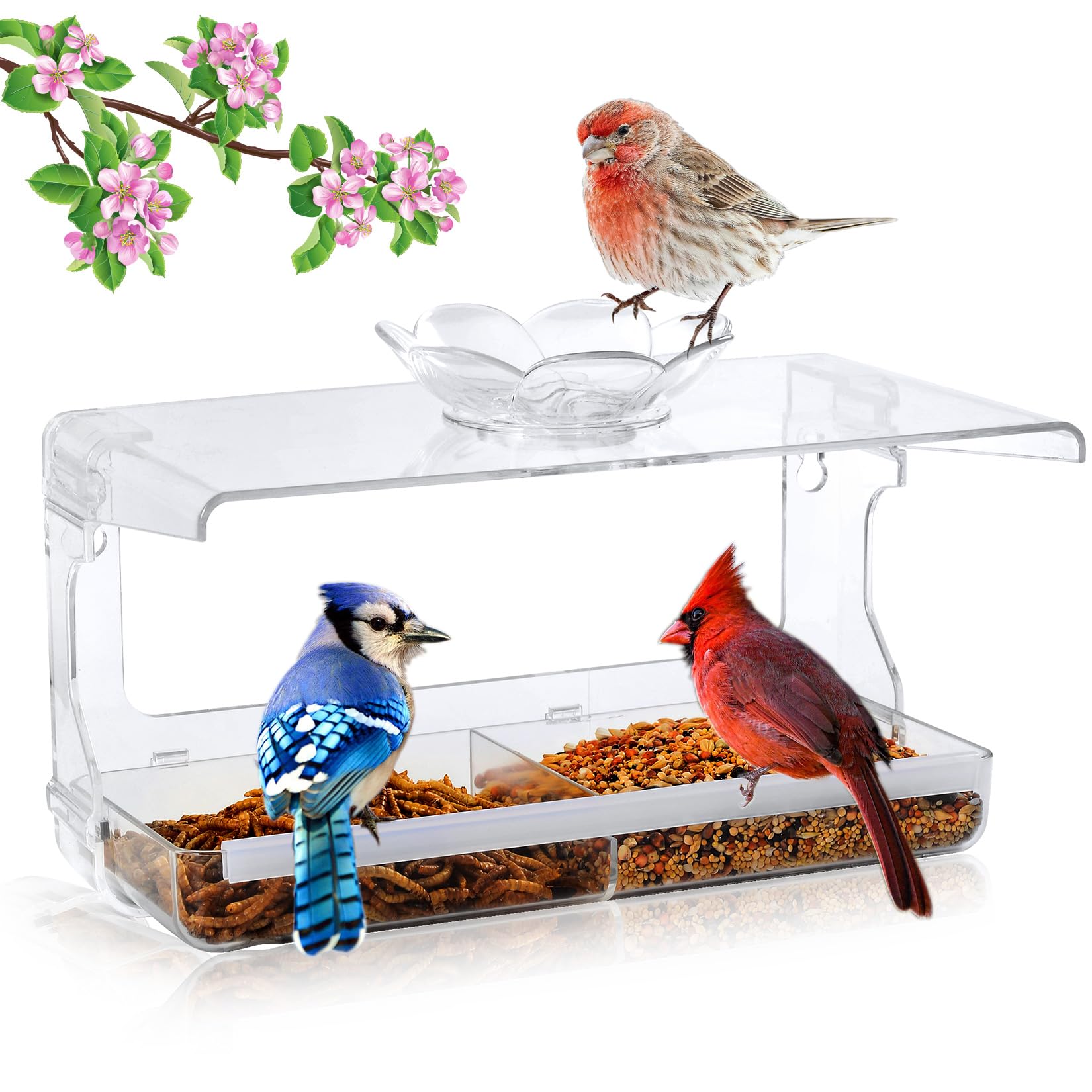 WENMIXER Window Bird Feeder with Non-Marking Self-Adhesive Hooks, Clear Window Bird Feeder for Outside, Transparent Bird House, 