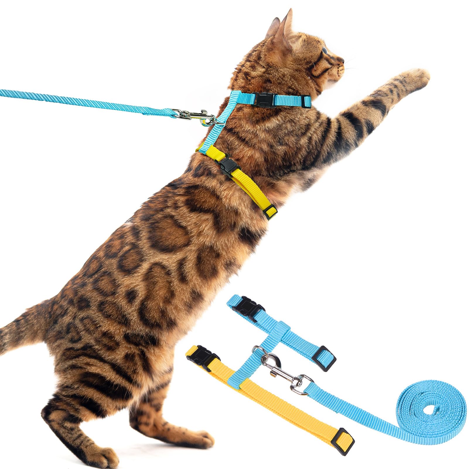 Pupteck Adjustable Cat Harness And Leash Set Escape Proof Kitten Strap Collar For Walking Travel, Blue Yellow
