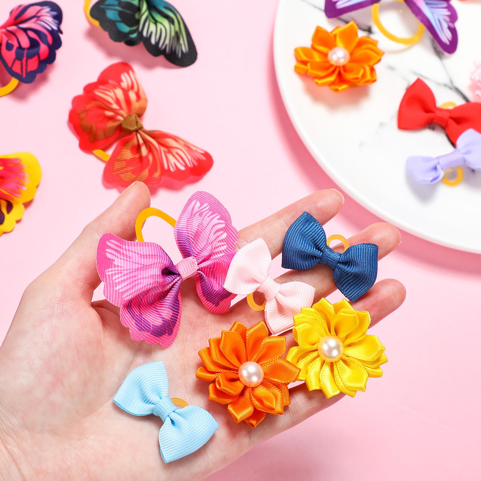 Janinka 36 Pieces Dog Hair Bows with Rubber Bands Butterfly Small Dog Knotted Bows Flower Pearls Elastic Hair Ties Bands for Pet