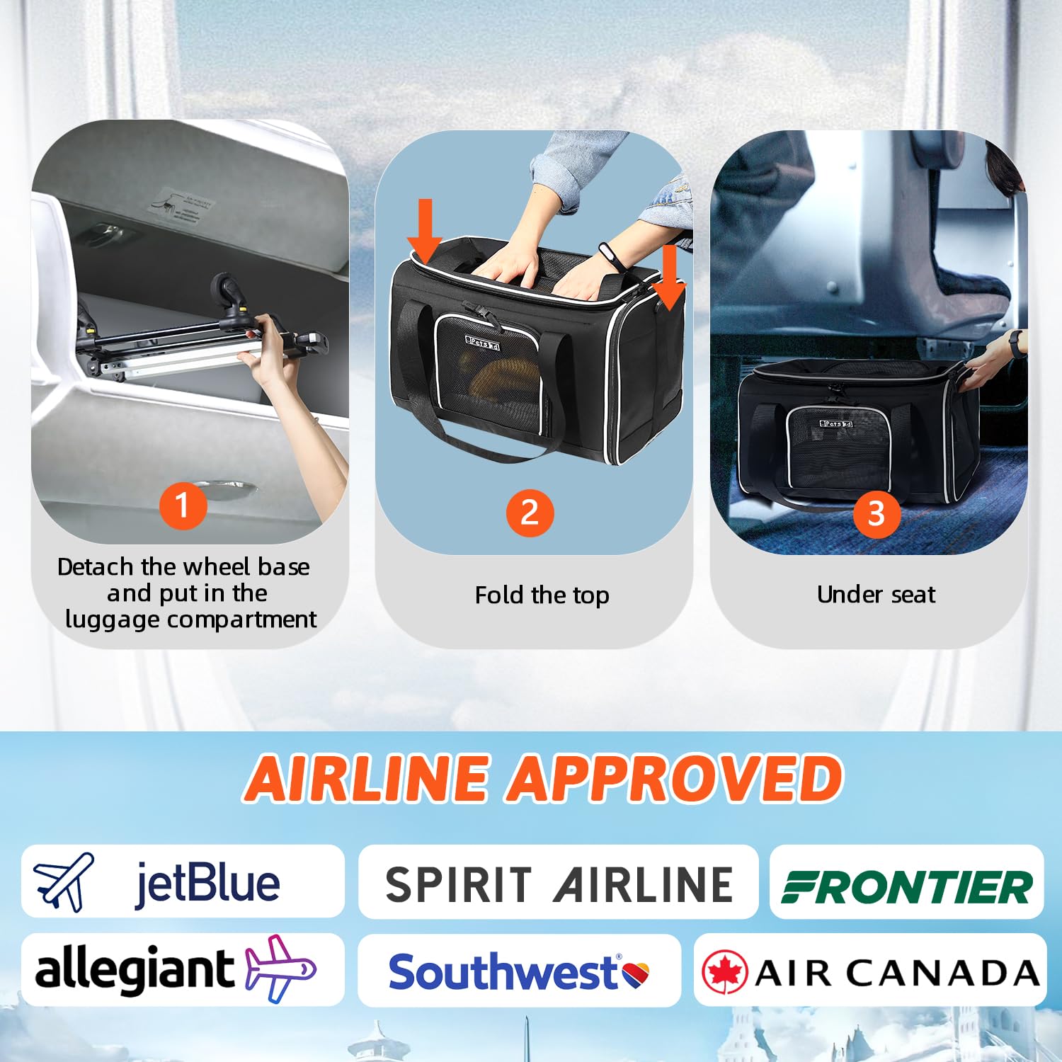 Petskd Top-Expandable Pet Carrier With Wheels 17X12X8.5 Inches Jetblue Allegiant Spirit Airline Approved, Soft-Sided Carrier For