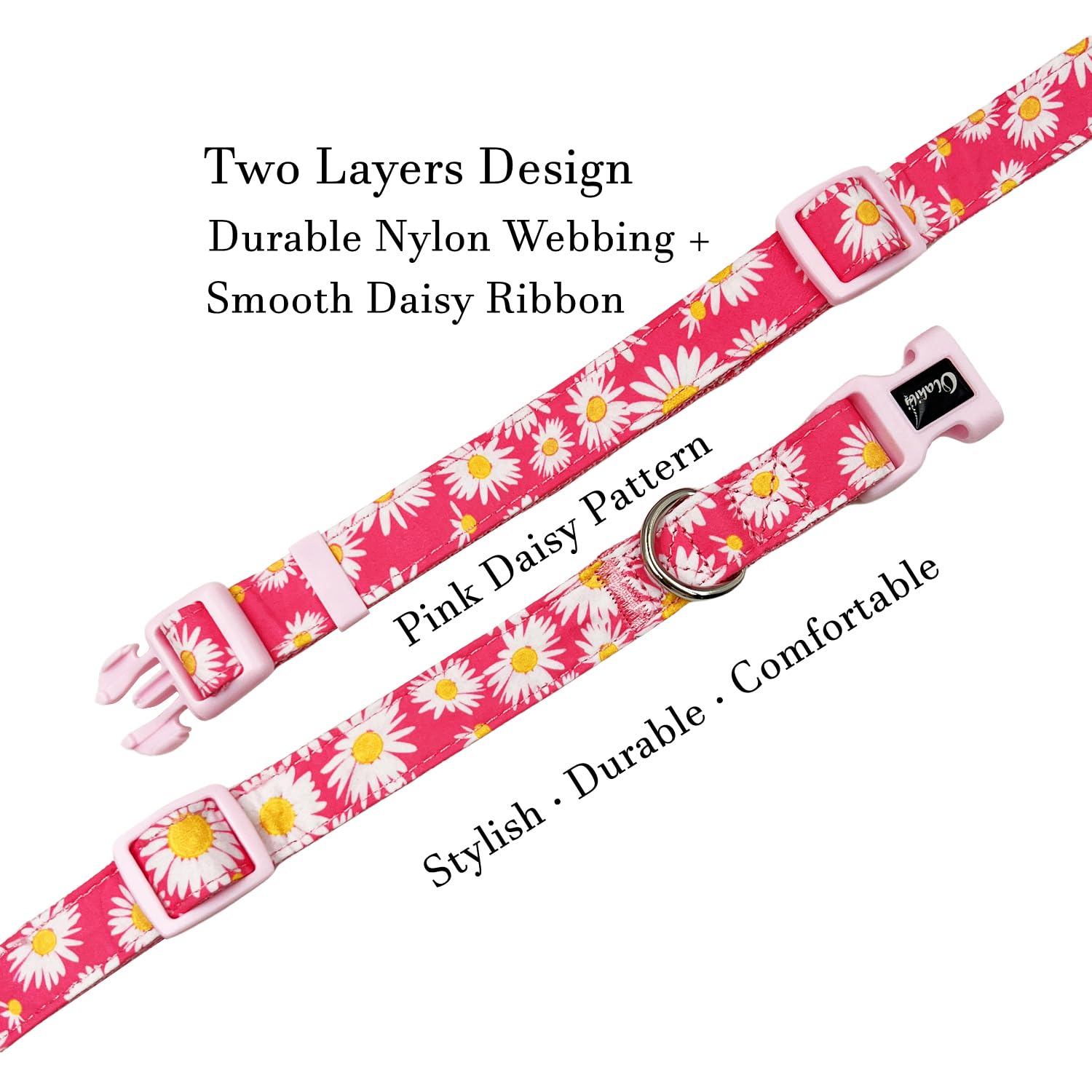 Olahibi Dog Collar Leash Set, Floral Pattern, Nylon Webbing Plus Cotton Ribbon, 5Ft Matching Leash, For Medium Dogs.(M, Pink Dai