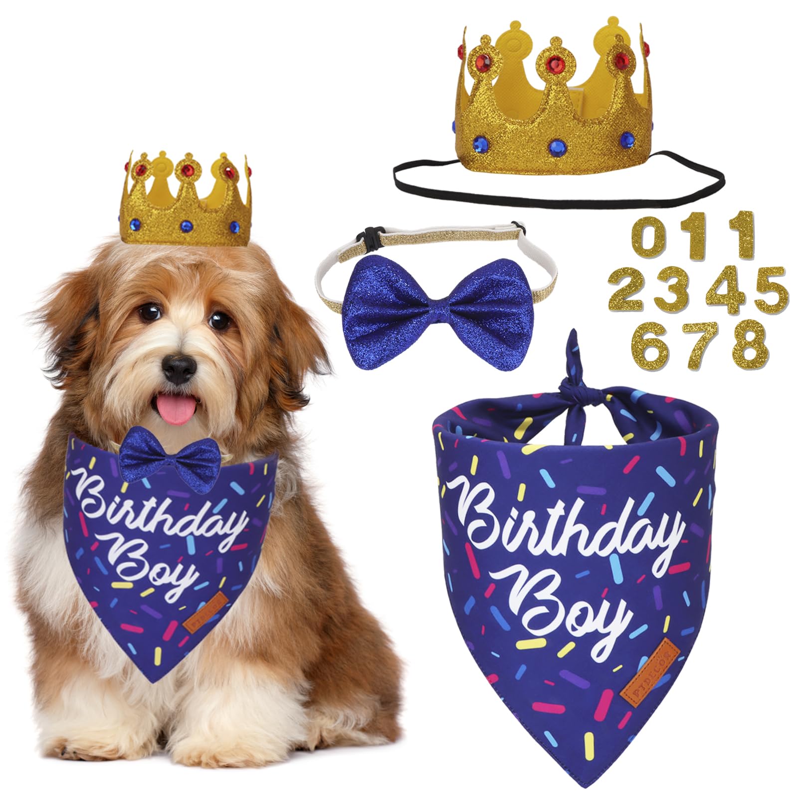 Ptdecor Dog Birthday Party Supplies, Birthday Boy Bandana Golden King Crowns With Numbers Puppy Blue Dog Bow Set For Small Dogs 