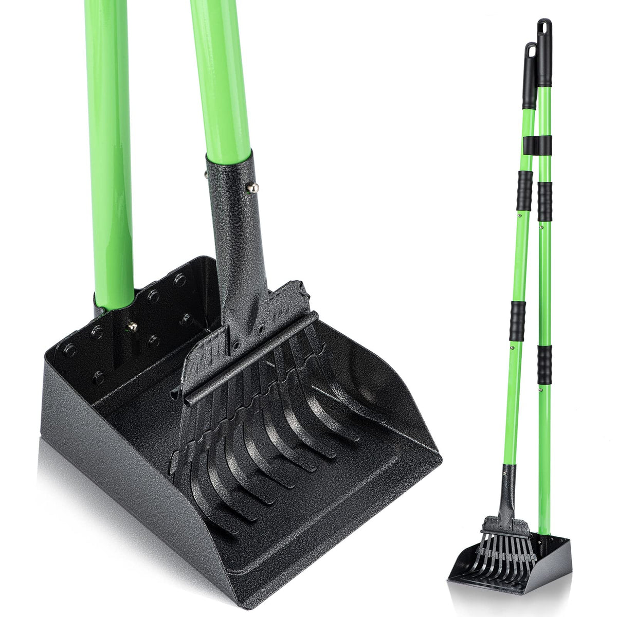 Mxf Pooper Scooper, Dog Pooper Scooper Long Handle Stainless Metal Tray And Rake Set For Medium Small Dogs Heavy Duty - Use On Grass, Dirt Or Gravel - Pet Supplies (Green)