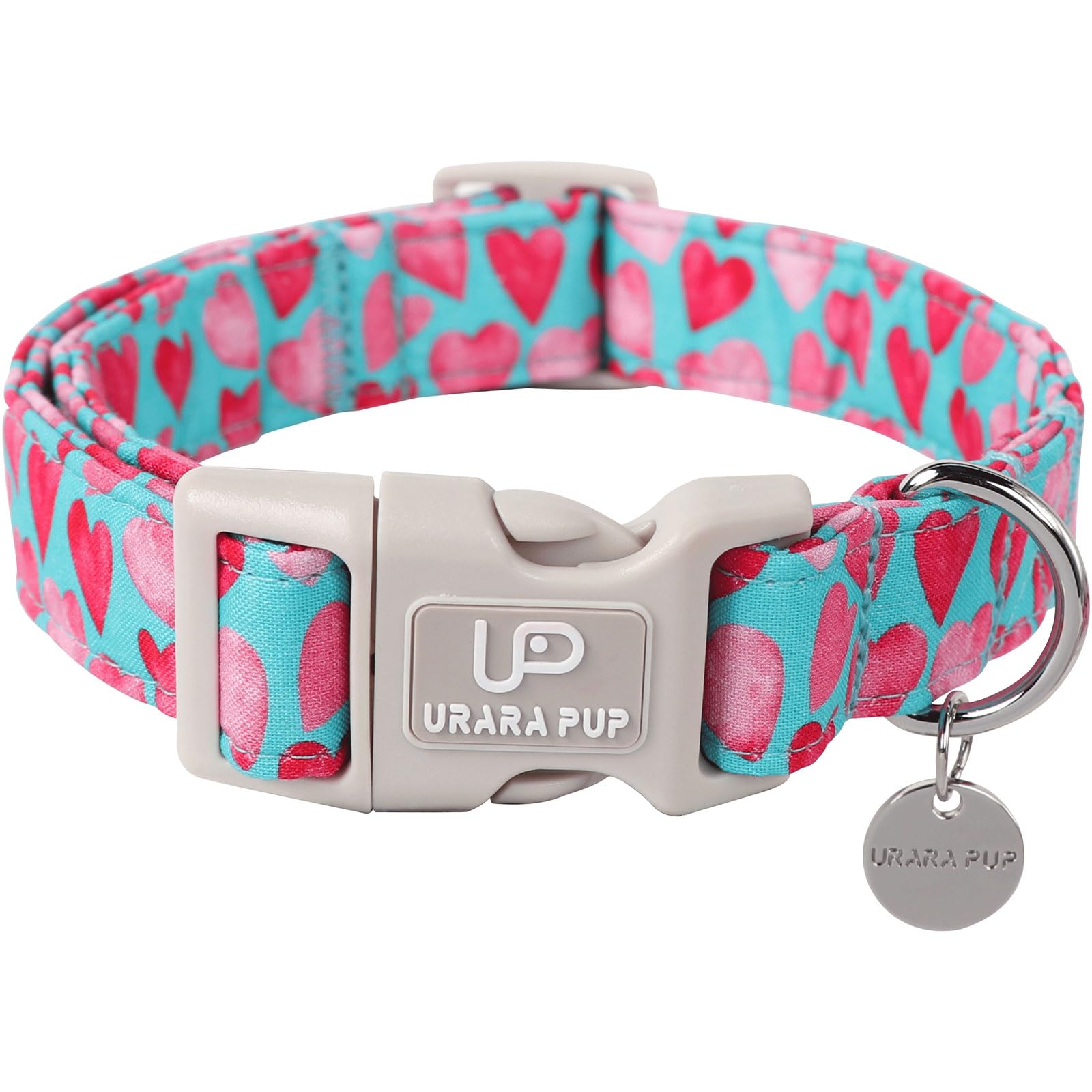 Up Urara Pup Pink Heart Dog Collar, Adjustable Size For Puppy Small Medium Dogs, Valentine'S Gift, Cotton Material, Unique Craft