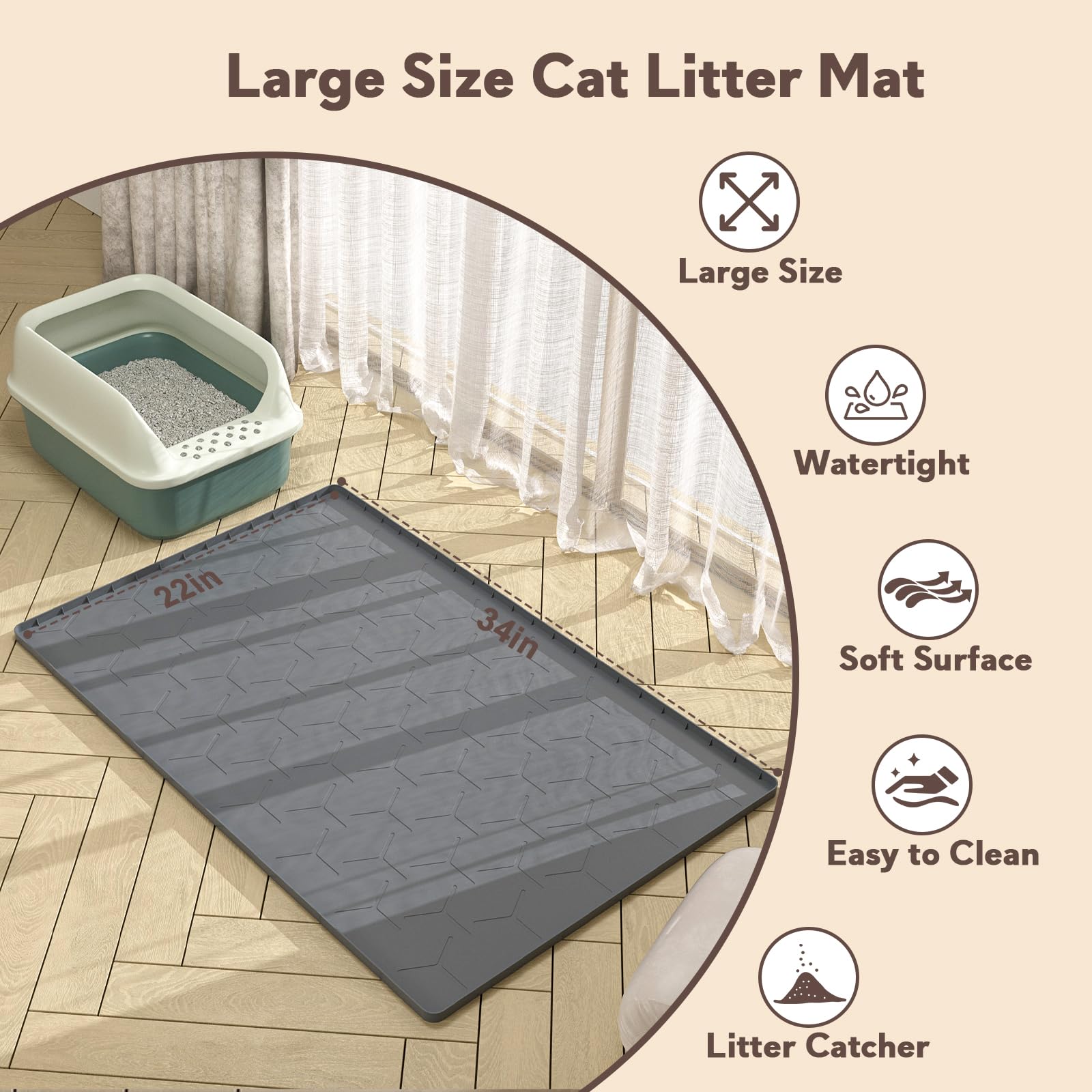 Garoopion Cat Litter Box Mat, Large 34'' X 22'' Cat Litter Mat, Waterproof Silicone Pad For Floor, Dark Gray