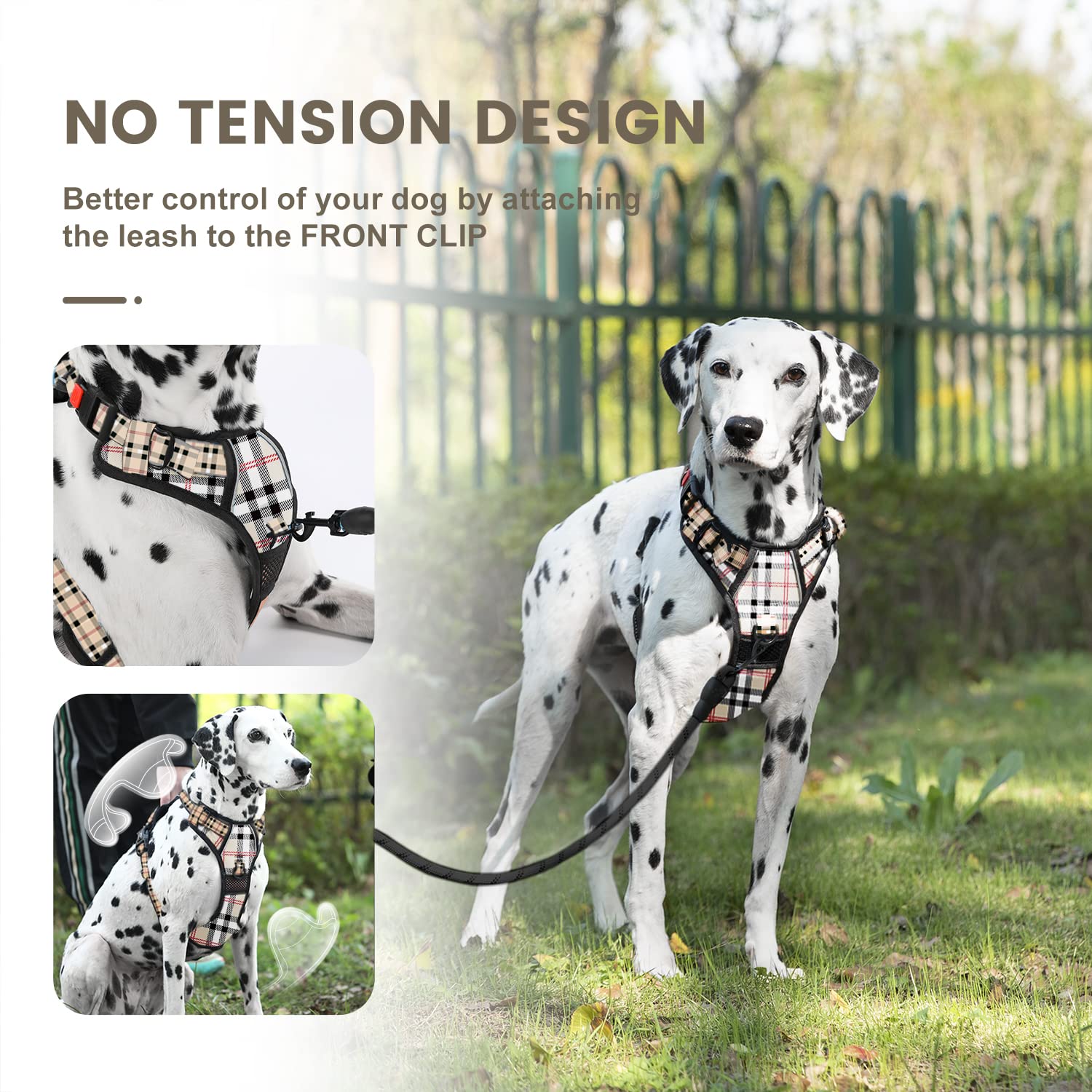 Furryfection Plaid Dog Harness For Large Dogs | No Pull Reflective Pet Harness | No Choke Adjustable Dog Vest Harnesses | With Leash | Easy Control Handle | Front Lead | Seat Belt | Beige&White | Xl