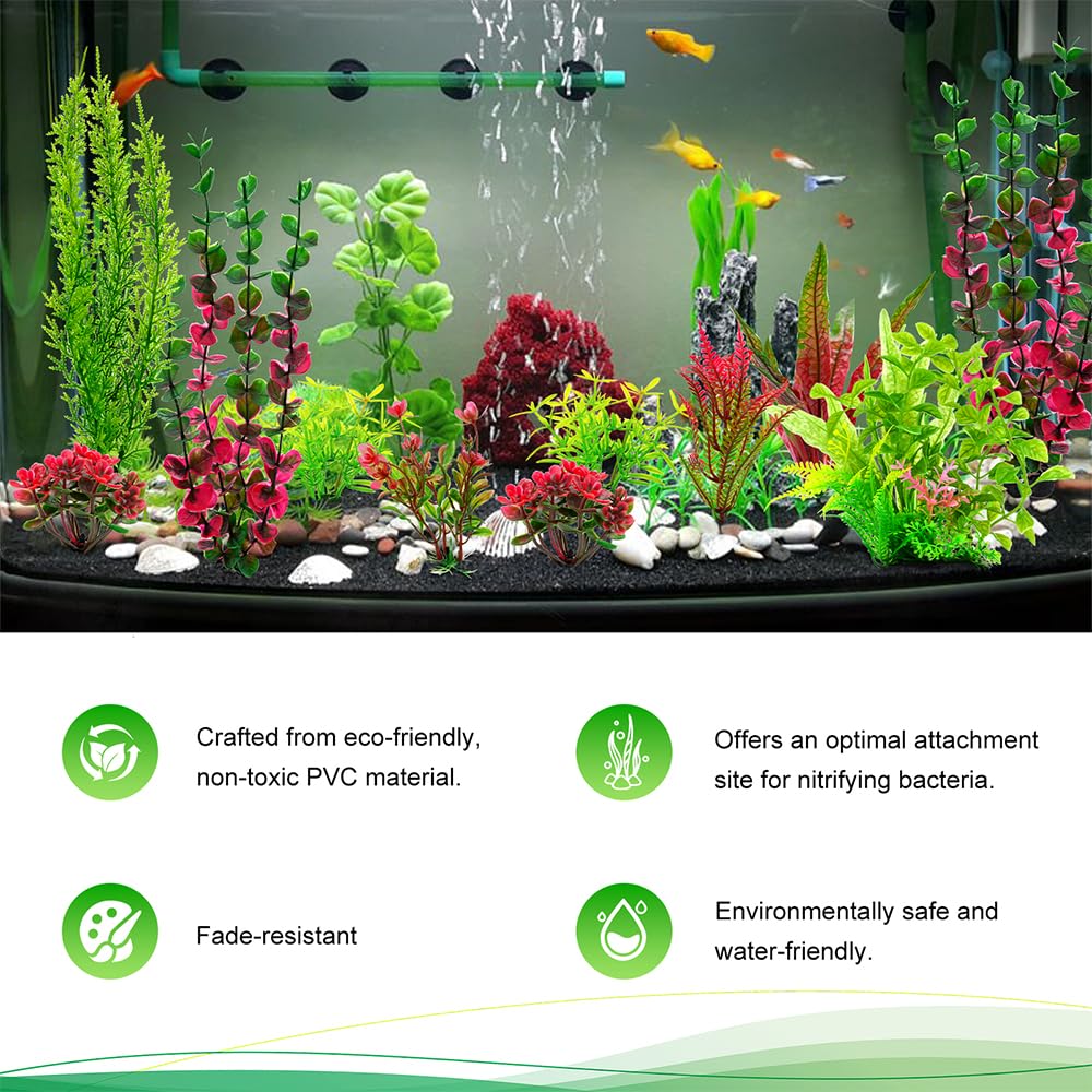 ViiWxx 18-Piece Artificial Aquarium Plants Decorations - Large Set with Red & Green Foliage, Fish Tank Decor for Betta, Goldfish