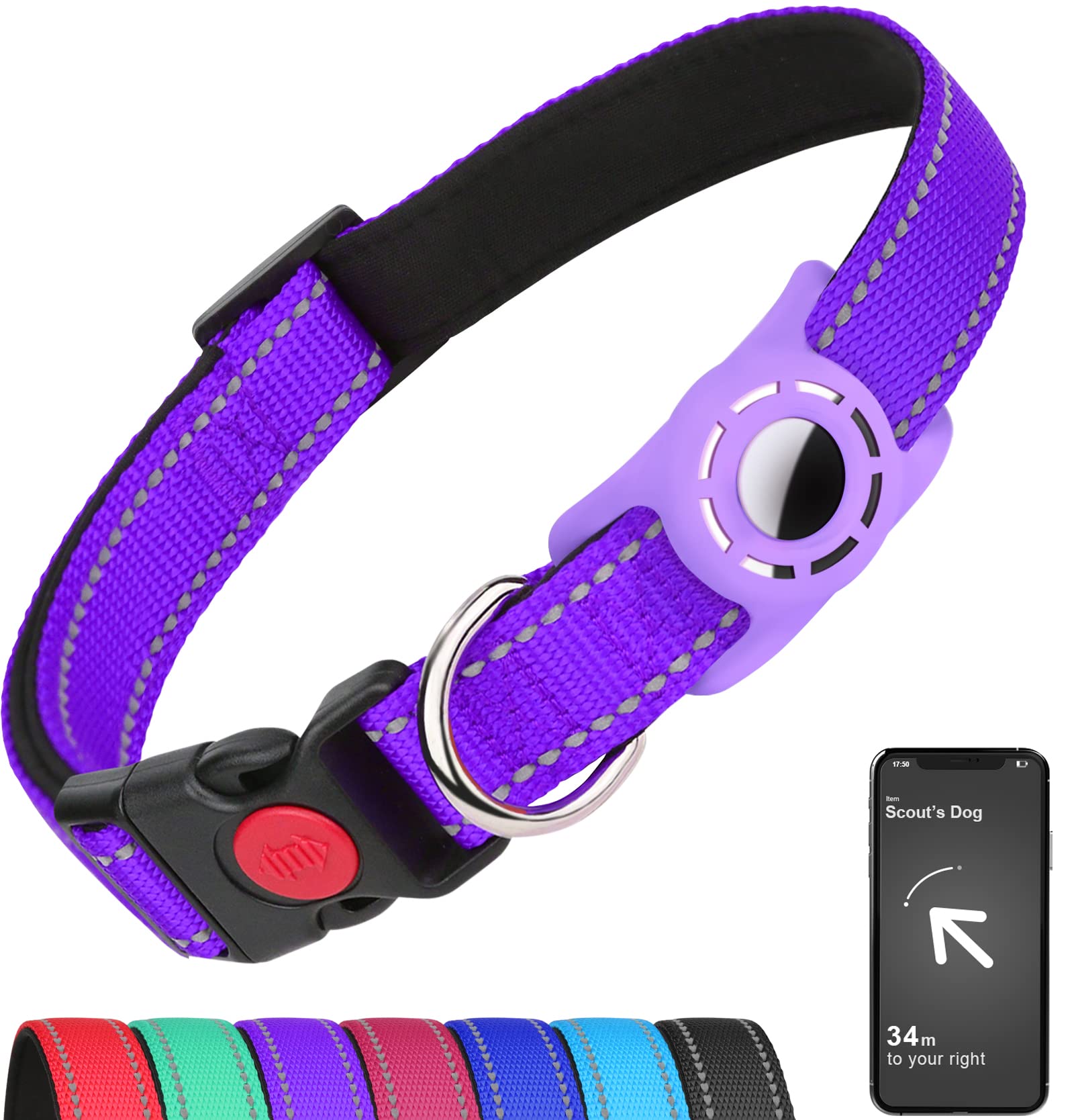Erbine Airtag Dog Collar For Small Dogs, Reflective Dog Collars With Airtag Holder, Soft Padded & Safety Locking Buckle, Nylon Pet Collar Adjustable For All Breeds, Purple