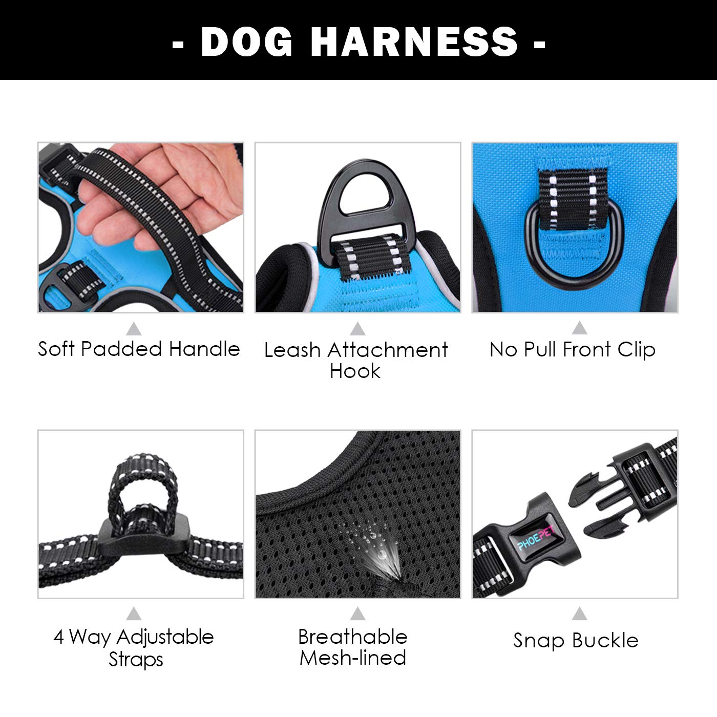 Phoepet Reflective Dog Harness Large Breed Adjustable No Pull Vest With With Handle 2 Metal Rings 3 Buckles [Easy To Put On & Take Off](L, Blue)