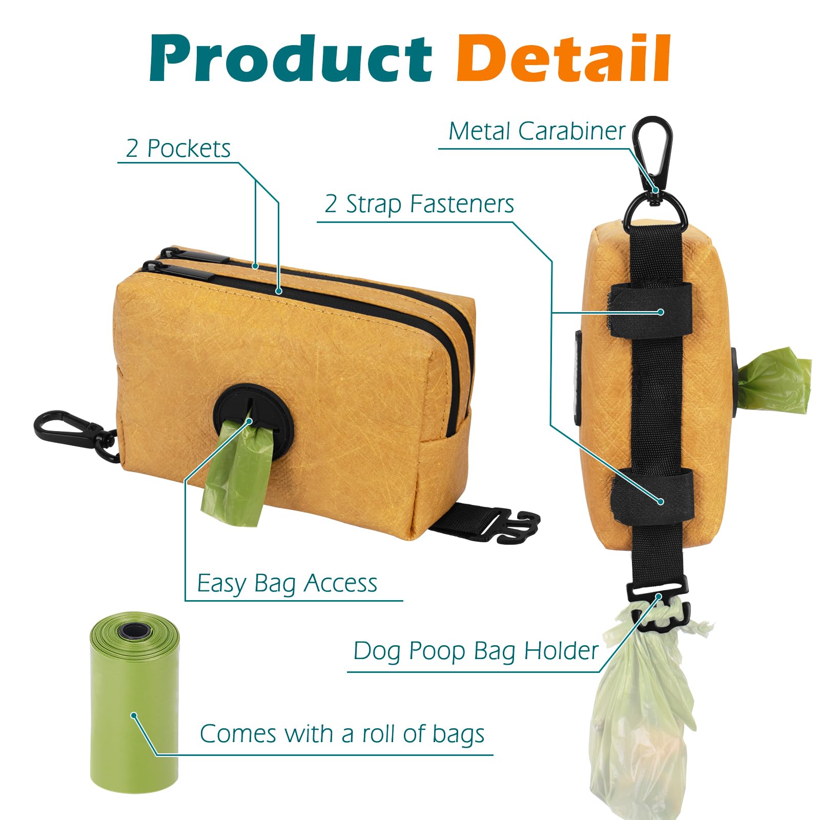 Petbonus Waterproof Dog Poop Bag Holder For Leashes, Portable Pet Waste Bag Dispenser, 2 Pouches For Treat Holder And Walking Ac