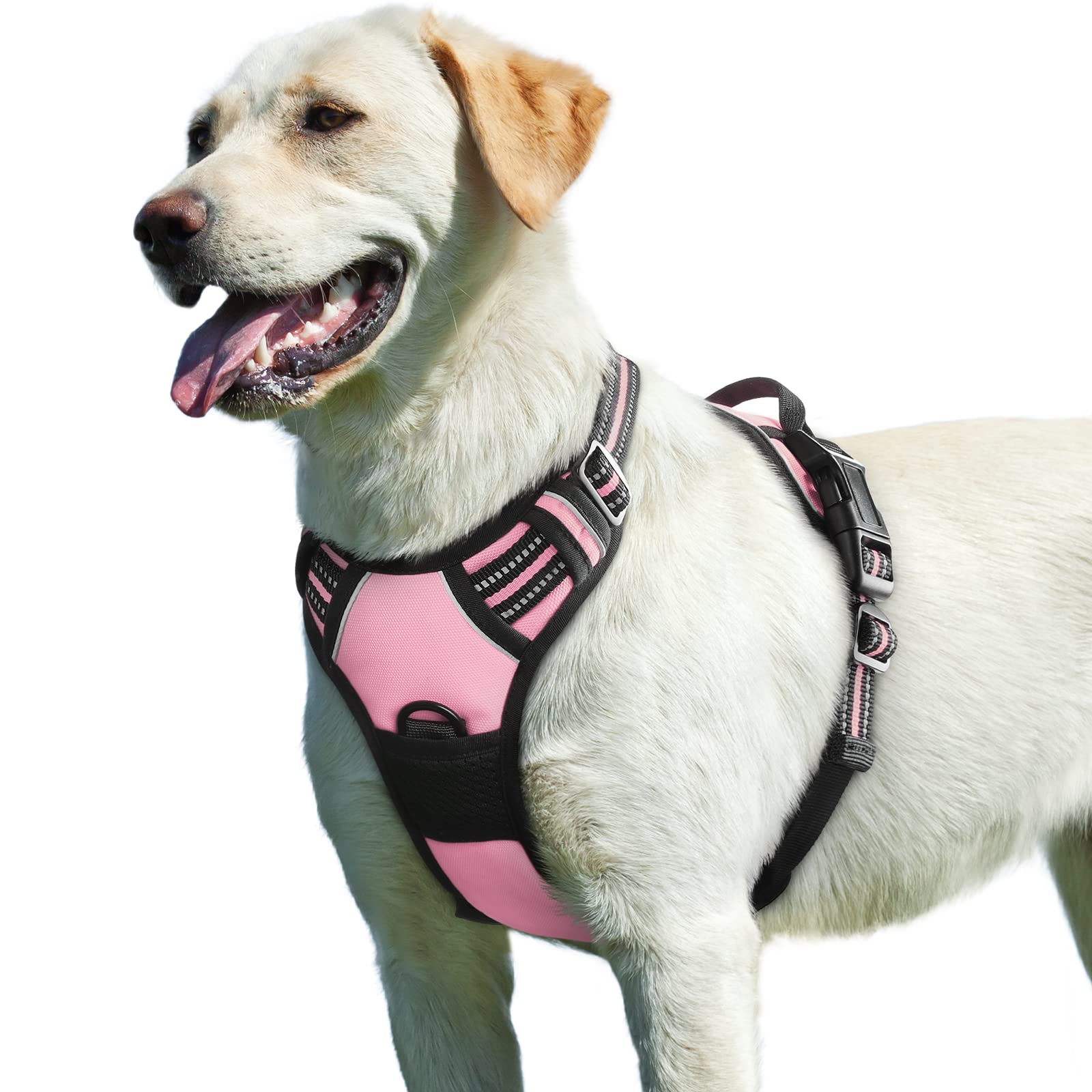 Eagloo Dog Harness For Large Dogs, No Pull Service Vest With Reflective Strips And Control Handle, Adjustable And Comfortable For Easy Walking, No Choke Pet Harness With 2 Metal Rings, Pink, L