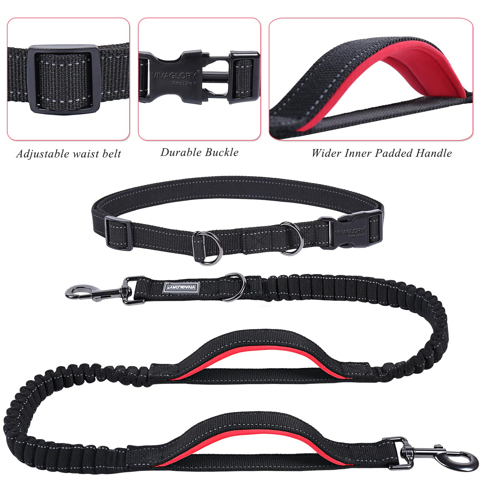 Vivaglory Hands Free Dog Running Leash With Dual Advanced Anti-Shock Bungees And Padded Handles, Reflective Waist Jogging Leash With Adjustable Belt For Training For Medium Large Dogs, Black/Red