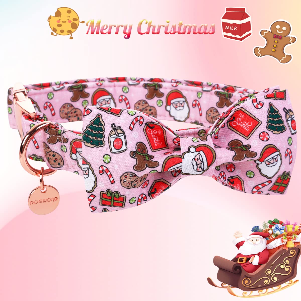 Dogwong Christmas Dog Collar With Sailor Bow, Pink Santa Claus Dog Collar Soft Durable Adjustable Cotton Cute Girl Puppy Collar