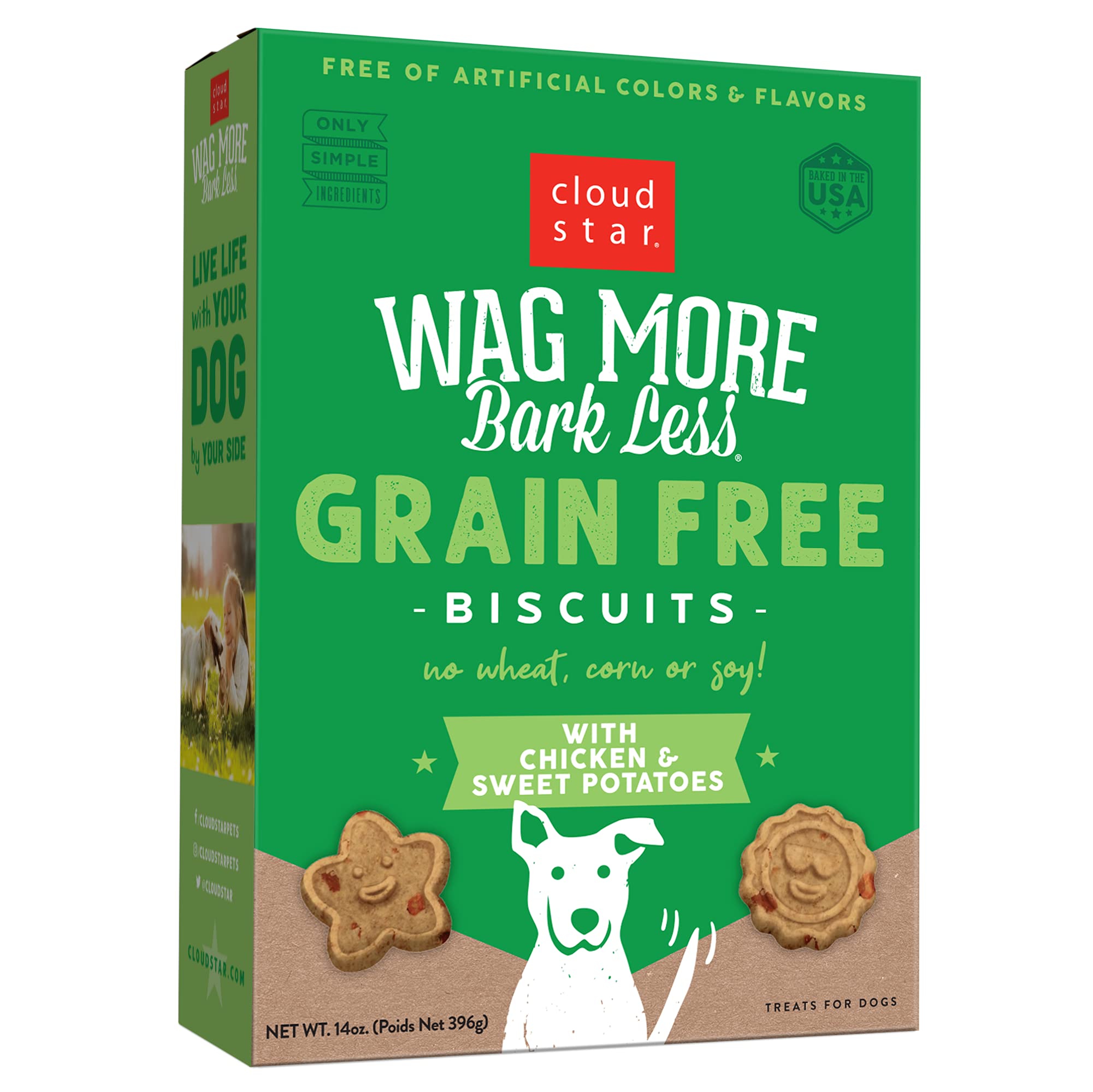 Cloud Star Wag More Bark Less - Dog Treats - Crunchy Biscuits - Grain Free Chicken & Sweet Potato - 14 oz Box