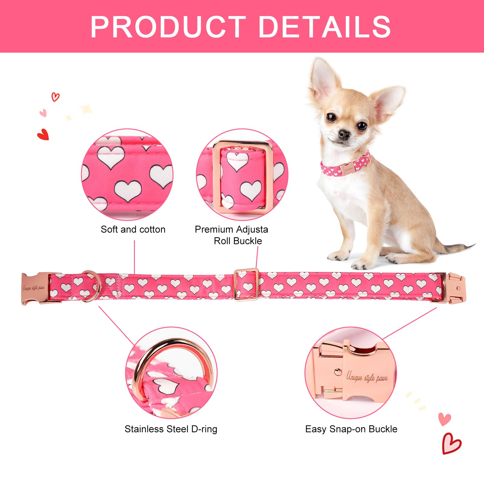 Unique Style Paws Dog Collar Metal Buckle Collar For Valentine'S Day Gift Pink Heart Love For Small Medium Large Boys Girls Dogs