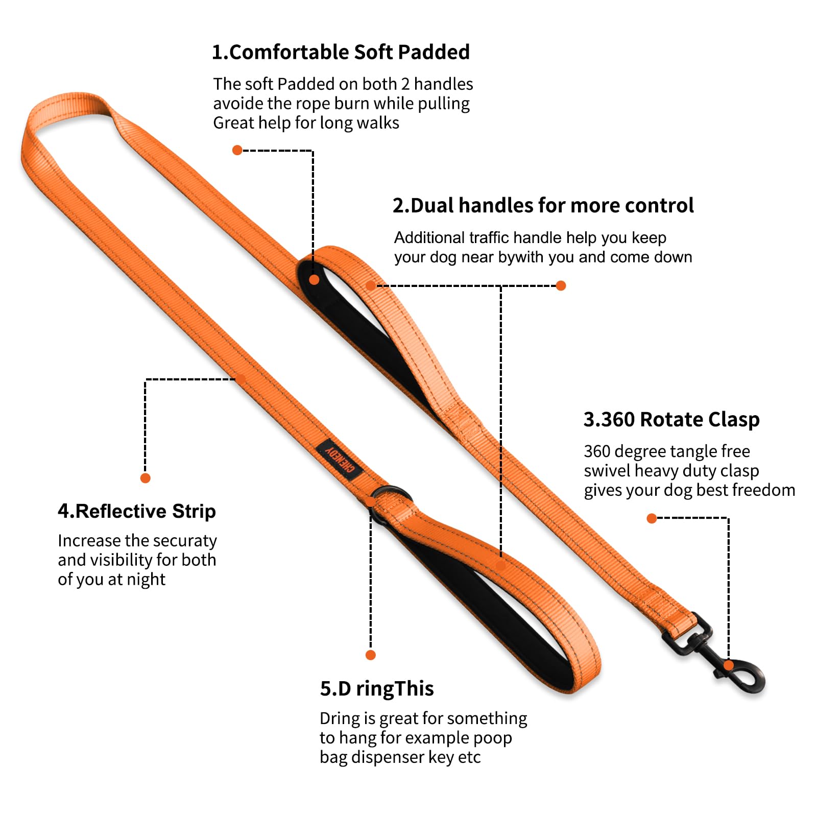 Heavy Duty Leash For Large Breed Dogs - Double Handle, Reflective Training Lead, Perfect For Medium To Large Dogs (6Ft Orange)