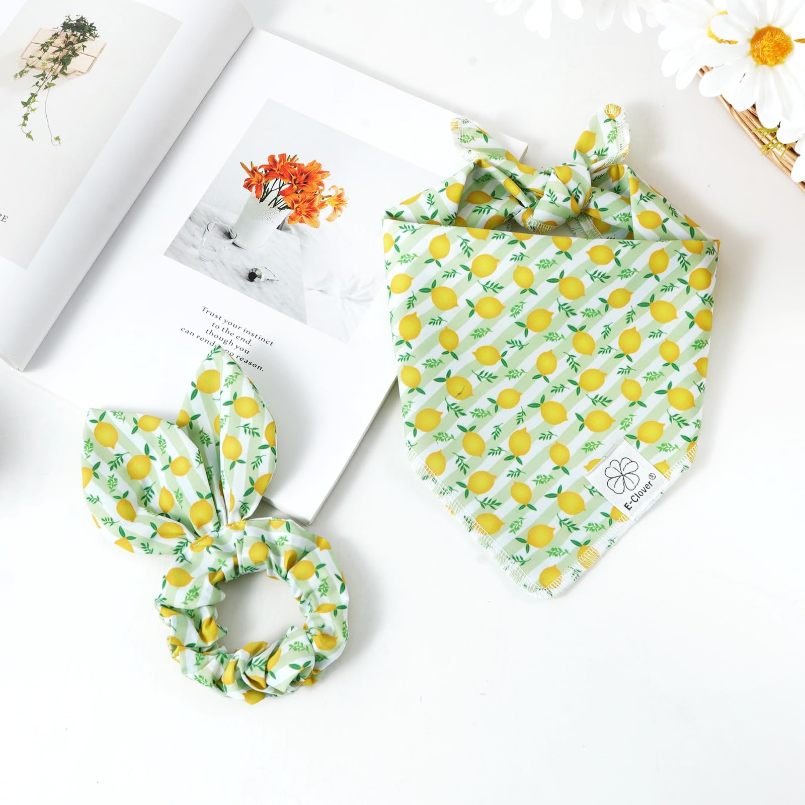 E-Clover Summer Lemon Dog Bandanas & Matching Scrunchie Set Green Stripe Dog Scarf Bibs Pet Bandana With Bow Tie For Medium Larg