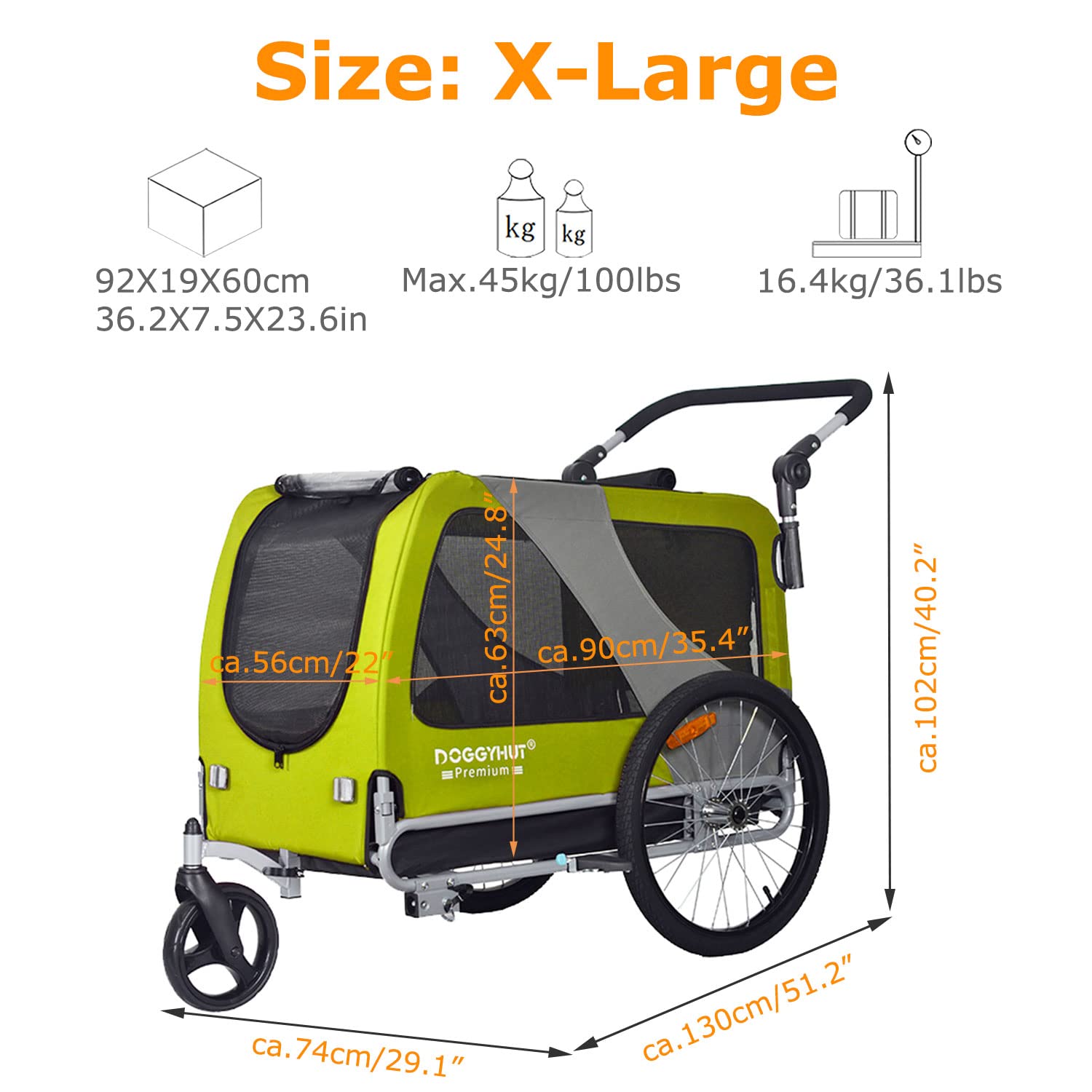 Doggyhut Premium Pet Bike Trailer & Stroller For Small,Medium Or Large Dogs,Bicycle Trailer For Dogs Up To 100 Lbs (Lime Green, Xl)