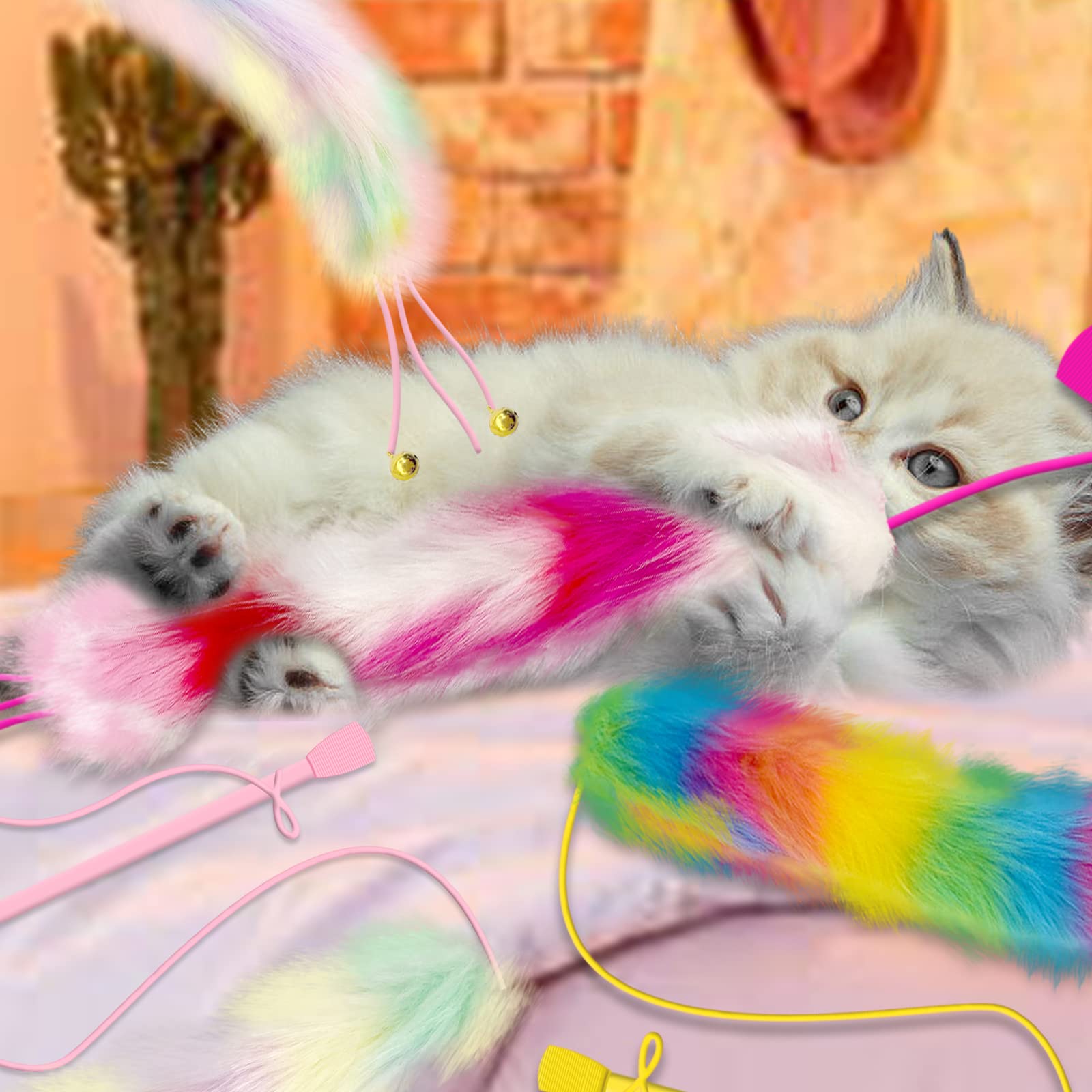 Lepawit 4 Pack Cat Wand Toy, Rainbow Cat Feather Toys With Bells, Teaser Wand With Soft Furry Tail, Interactive Toys For Indoor