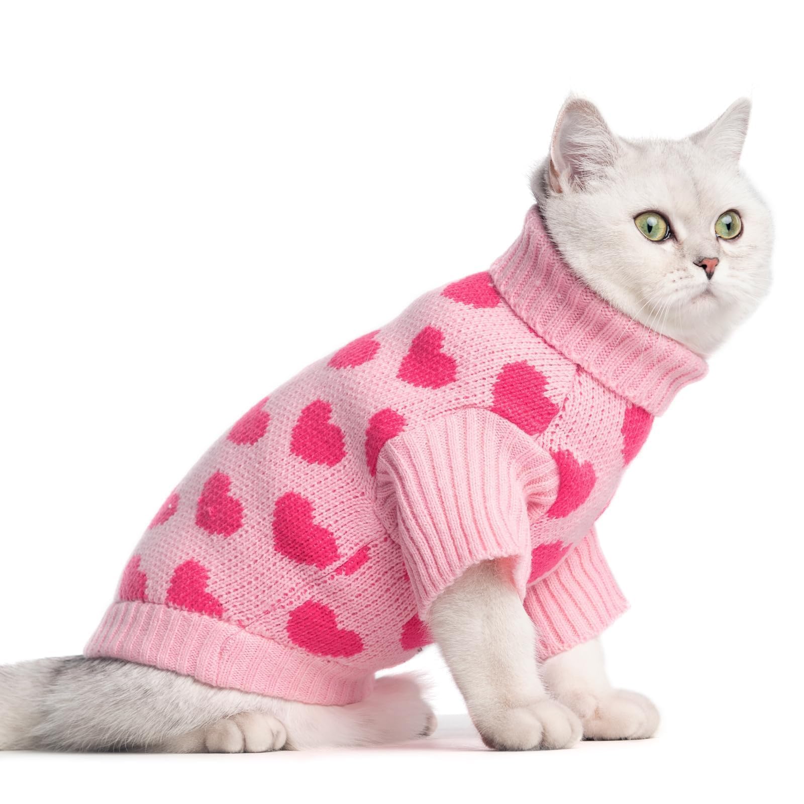 Kooltail Cat Sweater Turtleneck- Soft Pink Knit Cat Sweaters For Cats Only, Heart Love Pattern Thick Warm Cold Weather Clothes, 
