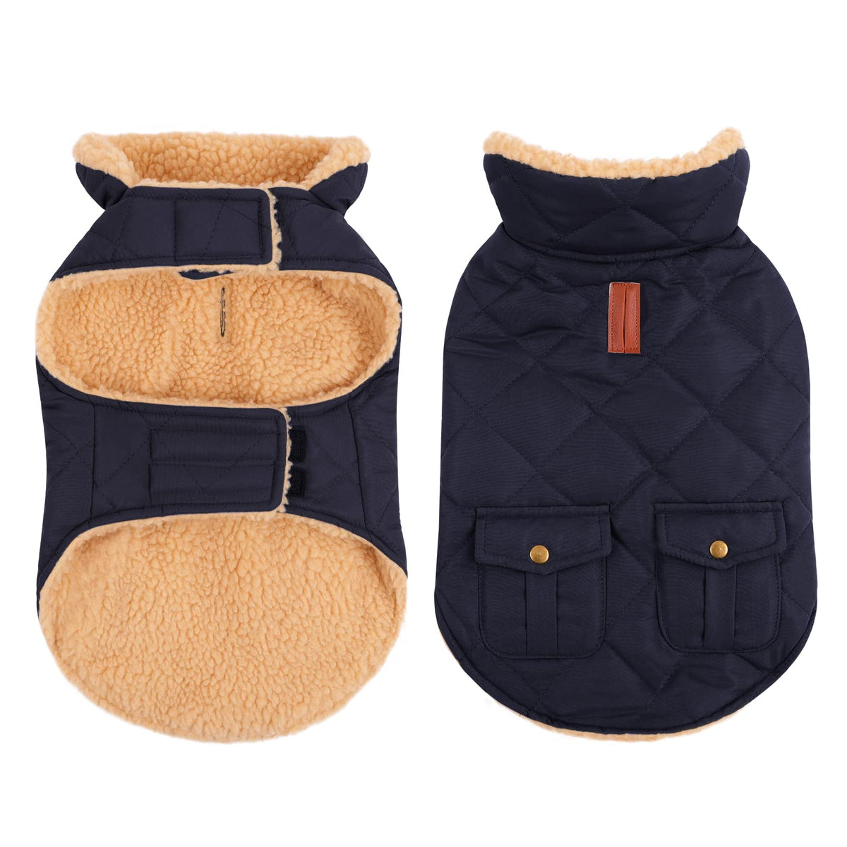 Queenmore Cold Weather Dog Coat, Winter Quilting Dog Jacket Ultra Warm Thick Plush Lining With Storage Pockets (Dark Navy, Medium)