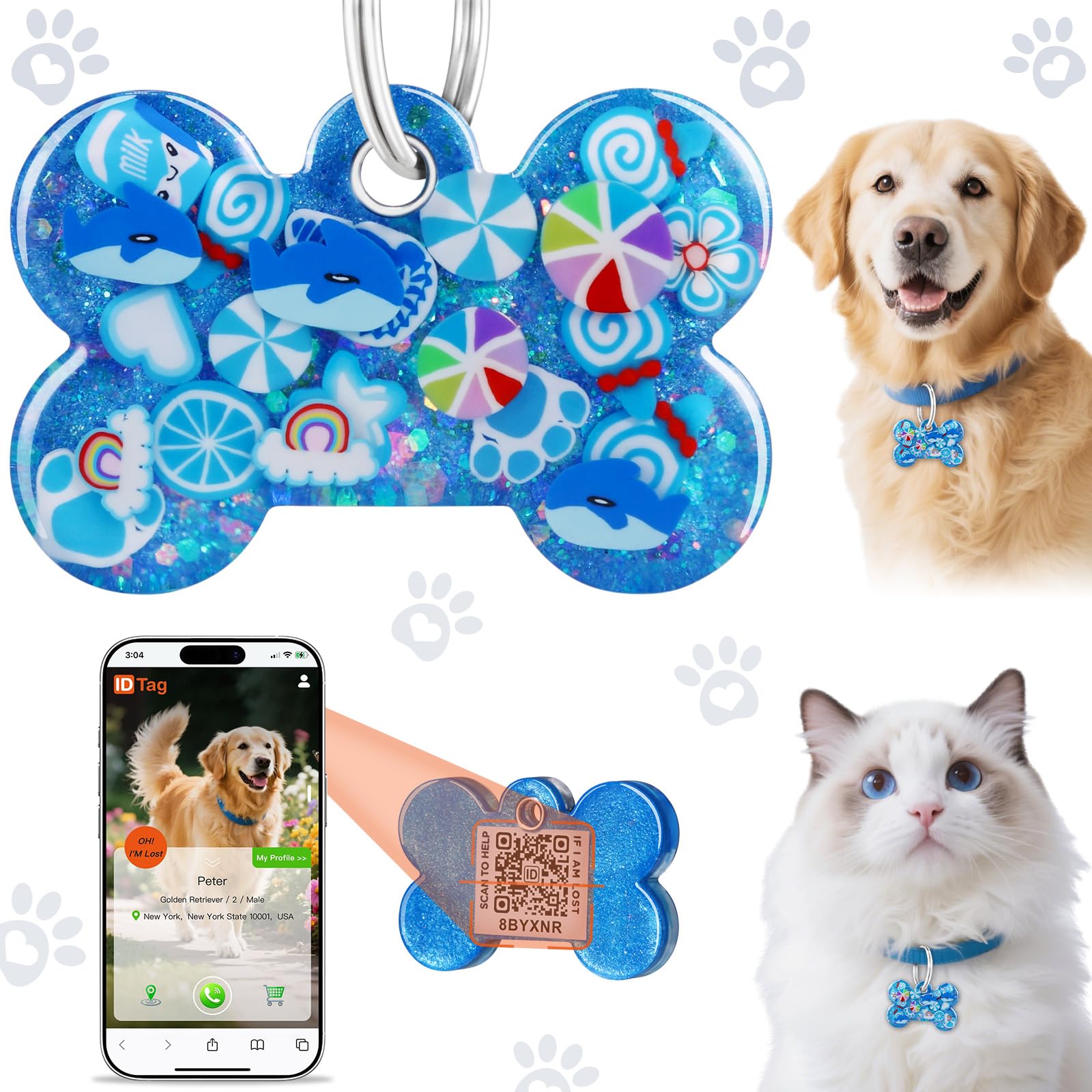 Handmade Resin Dog Tags Personalized for Pets with QR Code, Silent Online Editable Pet ID Tags for Medium to Large Breeds Dogs C