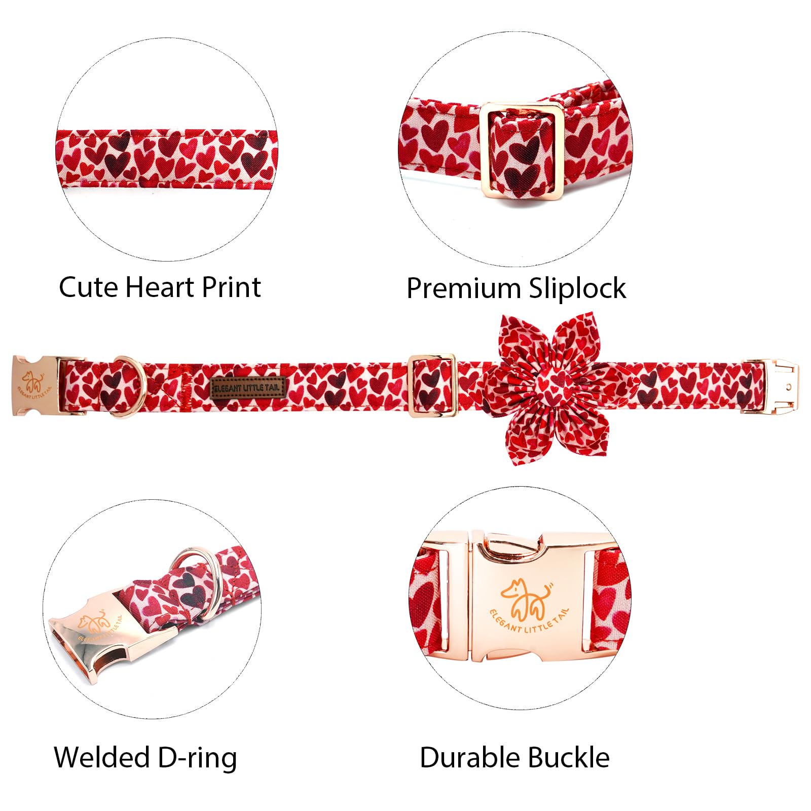 Elegant little tail Valentine's Dog Collar with Flower, Cute Heart Dog Collar for Medium Dogs Female Adjustable Cotton Pet Colla