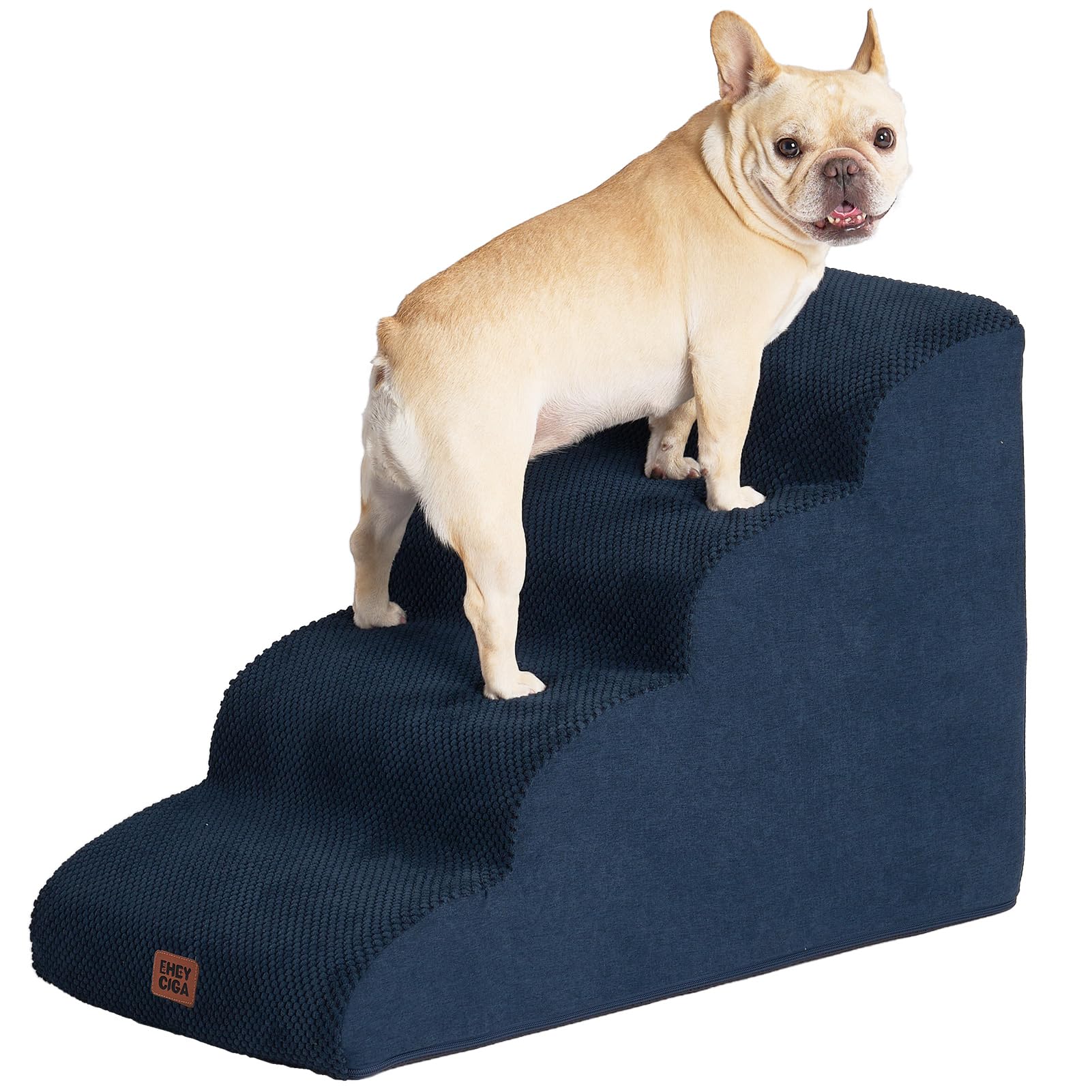 Eheyciga Curved Dog Stairs Ramp For High Beds 19.7' H, 4-Step Dog Steps For Small Dogs And Cats, Pet Stairs For High Bed Climbing, Non-Slip Balanced Pet Step Indoor, Navy