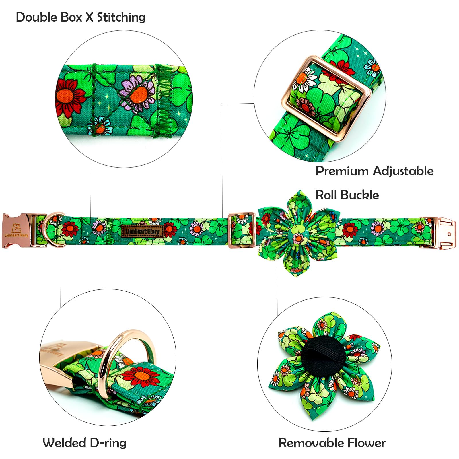 Lionheart Glory St. Patrick'S Day Dog Collar With Flower-Lucky Clover Shamrock Dog Bow For Large Dogs - Green Spring Trefoil Dog