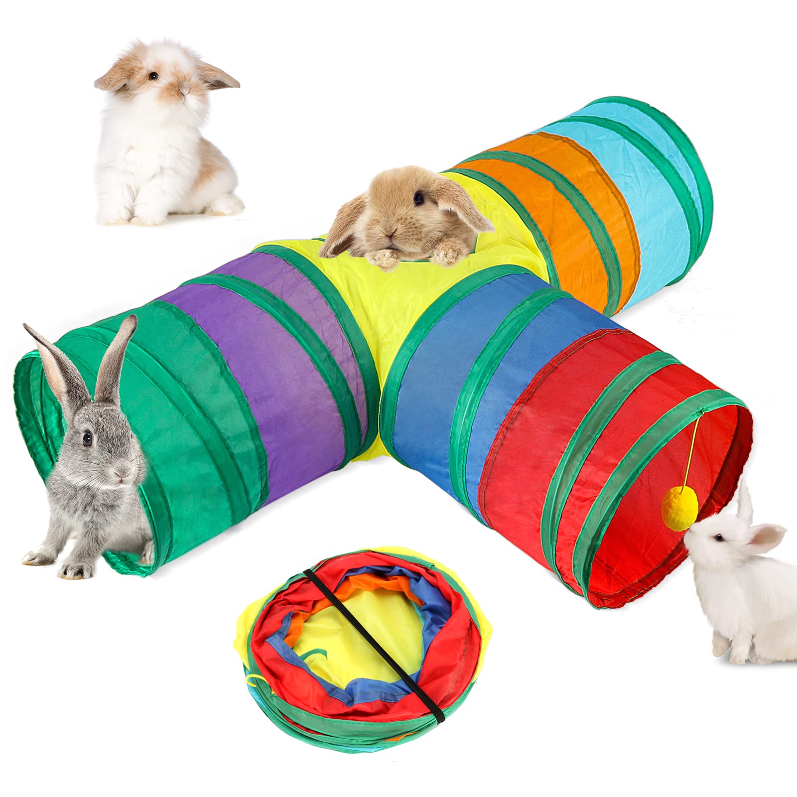 BWOGUE Bunny Tunnels & Tubes Collapsible 3 Way Bunny Hideout Small Animal Activity Tunnel Toys for Dwarf Rabbits Bunny Guinea Pi