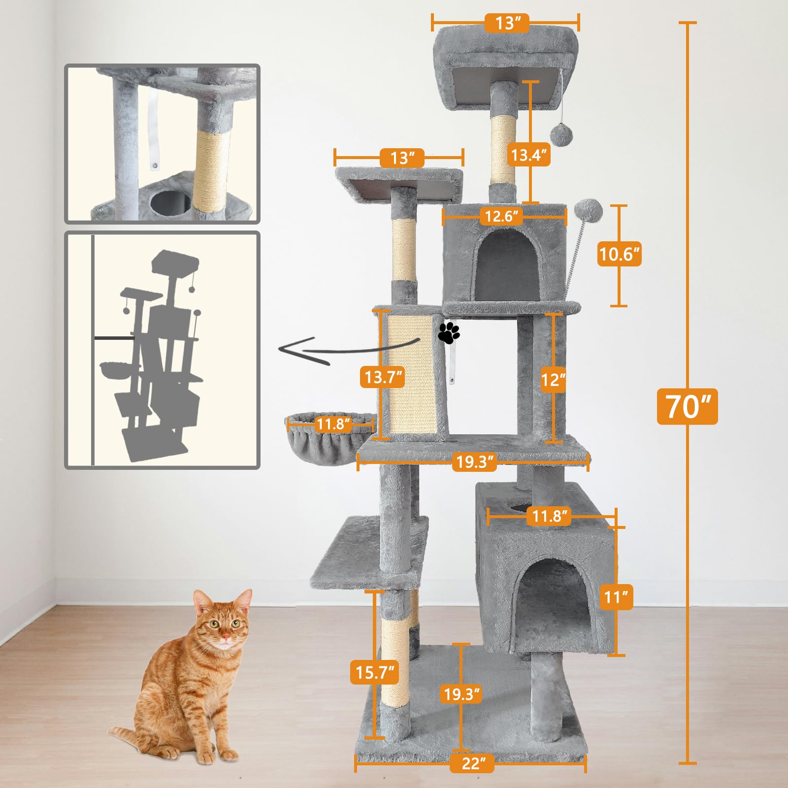 Pempet 70'' Cat Tree Tower For Indoor Cats, Multi-Level Cat Tower Condo With Sisal Scratching Post (Light Gray)