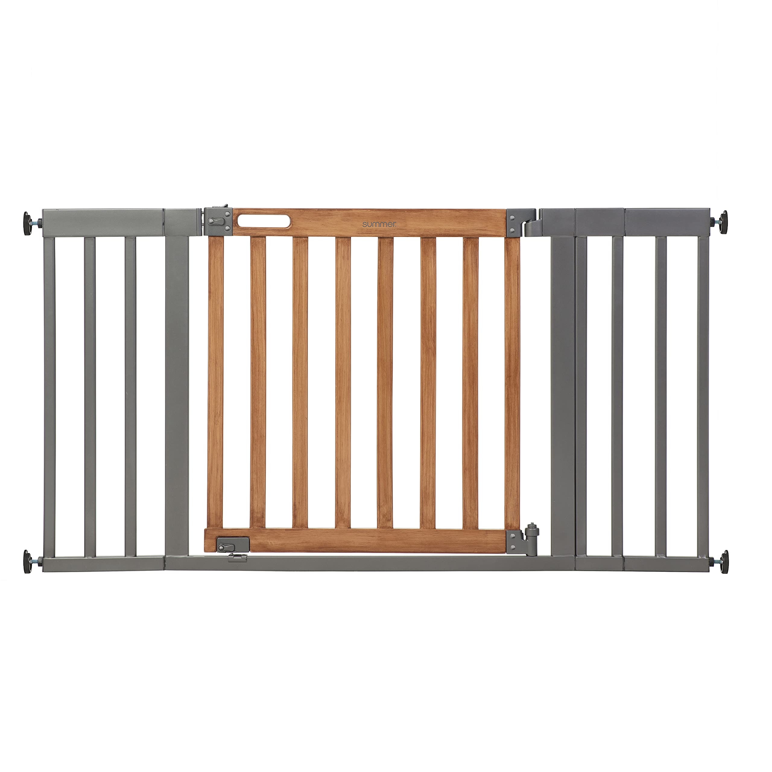 Summer Infant West End Extra Wide Safety Pet And Baby Gate, 36'-60' Wide, 30' Tall, Pressure Or Hardware Mounted, Install Wall To Wall In Doorway, Auto Close Walk-Thru Door - Oak Wood And Metal