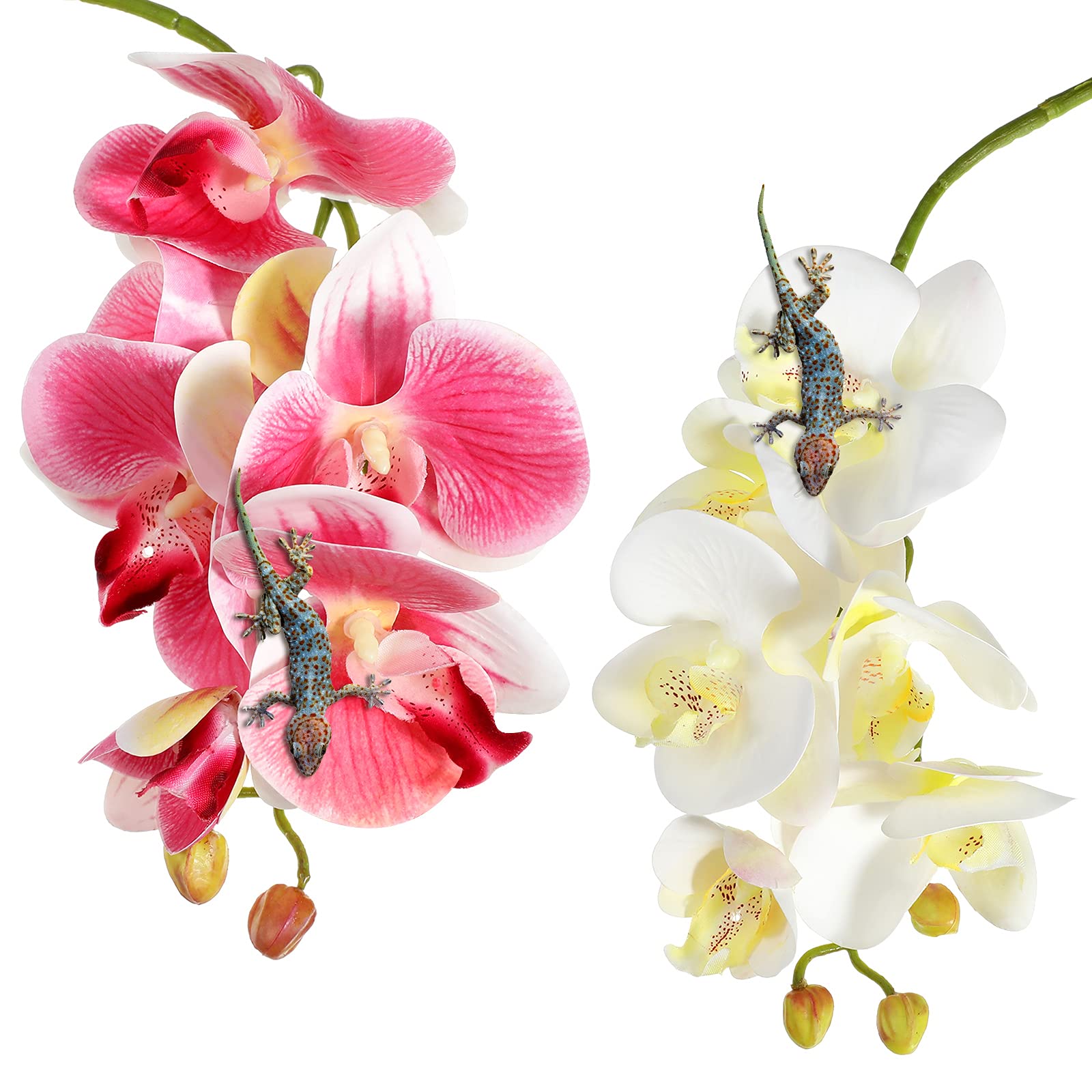 Chuangdi 2 Pieces Artificial Phalaenopsis With Suction Cups Terrarium Plant Decoration Reptile Habitat Plant Decor For Hermit Crab Lizards Geckos Snake Reptile (Dark Pink, White Yellow)