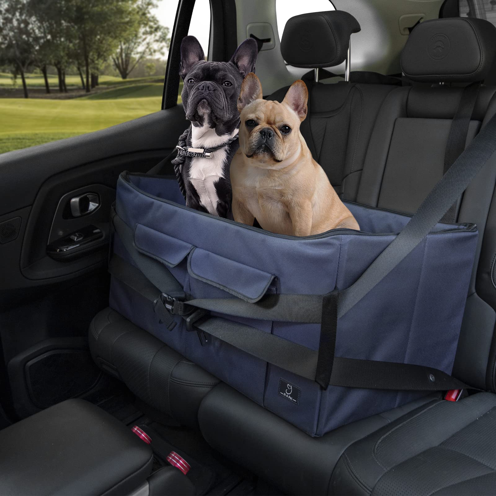 A4Pet Dog Car Seat Medium Large Size Dog - Large Dog Car Seat For 2 Dogs Large Dogs With Washable Cover, Safety Leashes, Storage Pockets - Pet Car Seat, Dog Booster Car Seat - Foldable & Portable