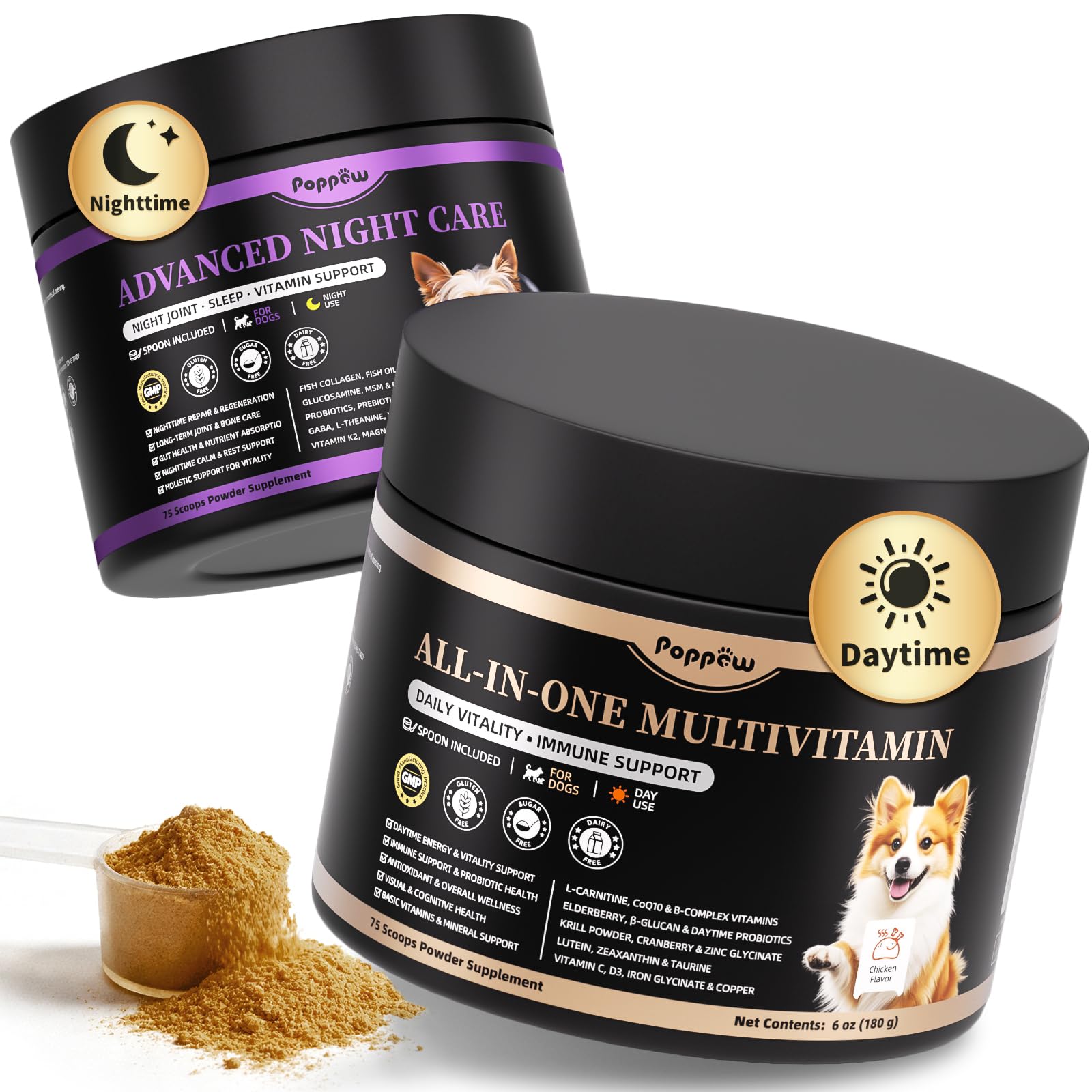 25-in-1 Dog Vitamins and Supplements - Day & Night 2 Pack - Dog Multivitamin Powder with Collagen, Glucosamine, Probiotics - Joi