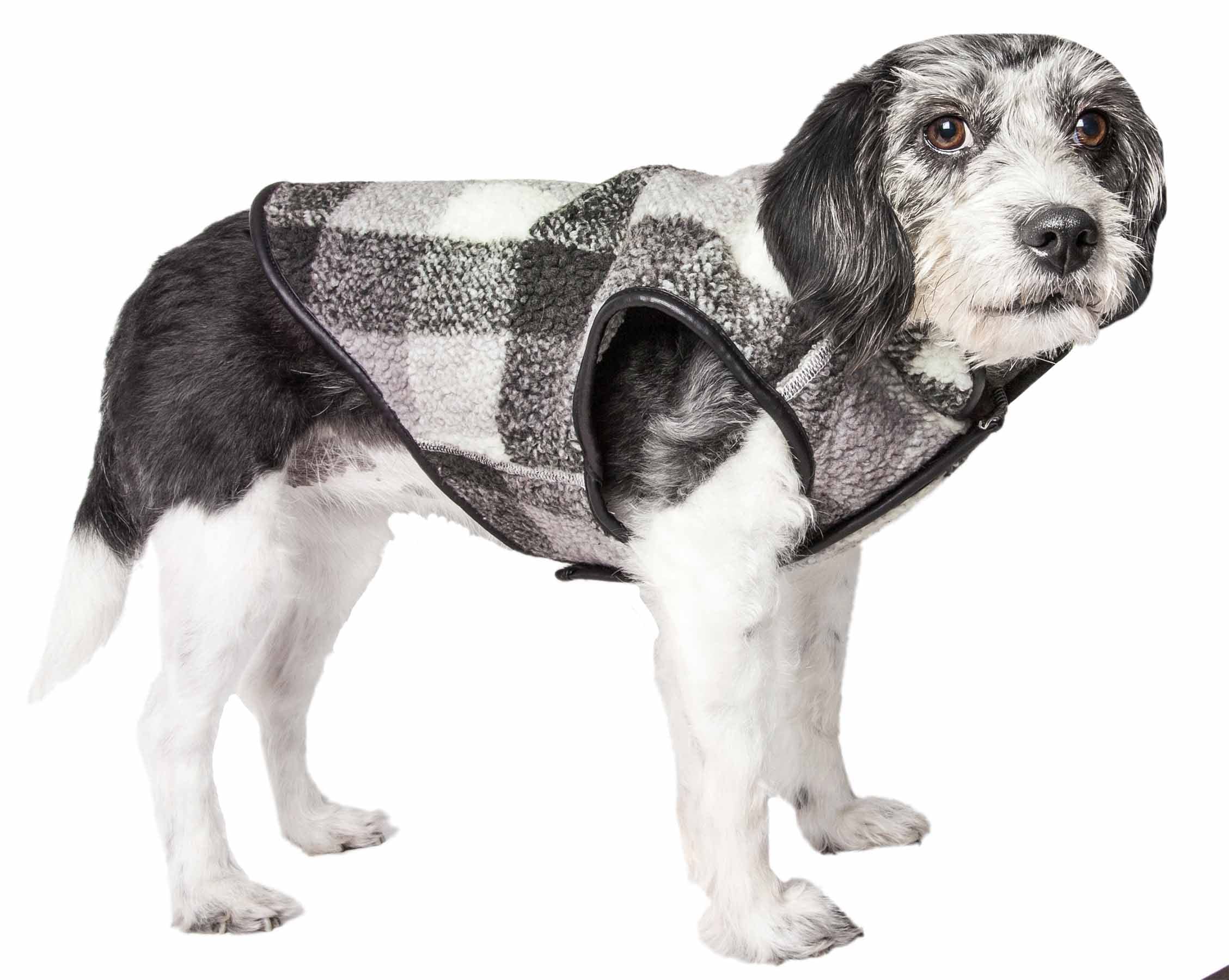 Pet Life  Black Boxer Plaid Dog Coat - Insulated Plaid Dog Jacket with Reversible Sherpa Lining - Winter Dog Coat for Small Me