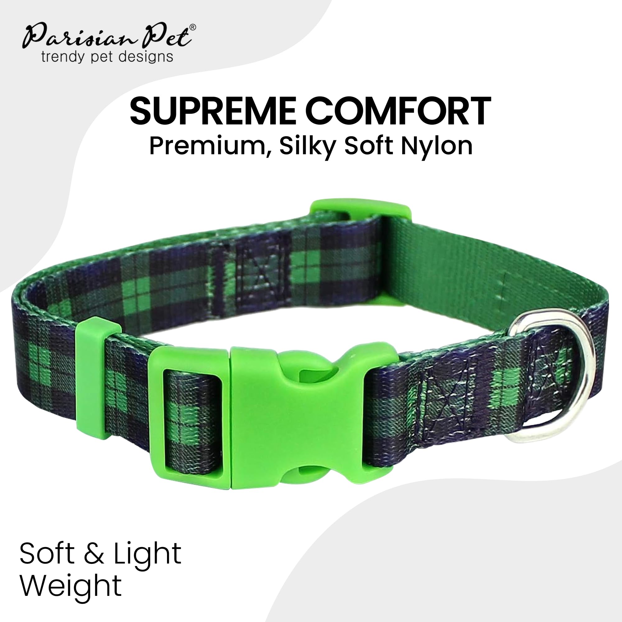 Parisian Pet Dog Collar - Adjustable “ Scottish Green Plaid “ Pattern Puppies Collar - Comfortable, And Breathable Dog Collar - Nylon Dog Collars For Large Dogs L