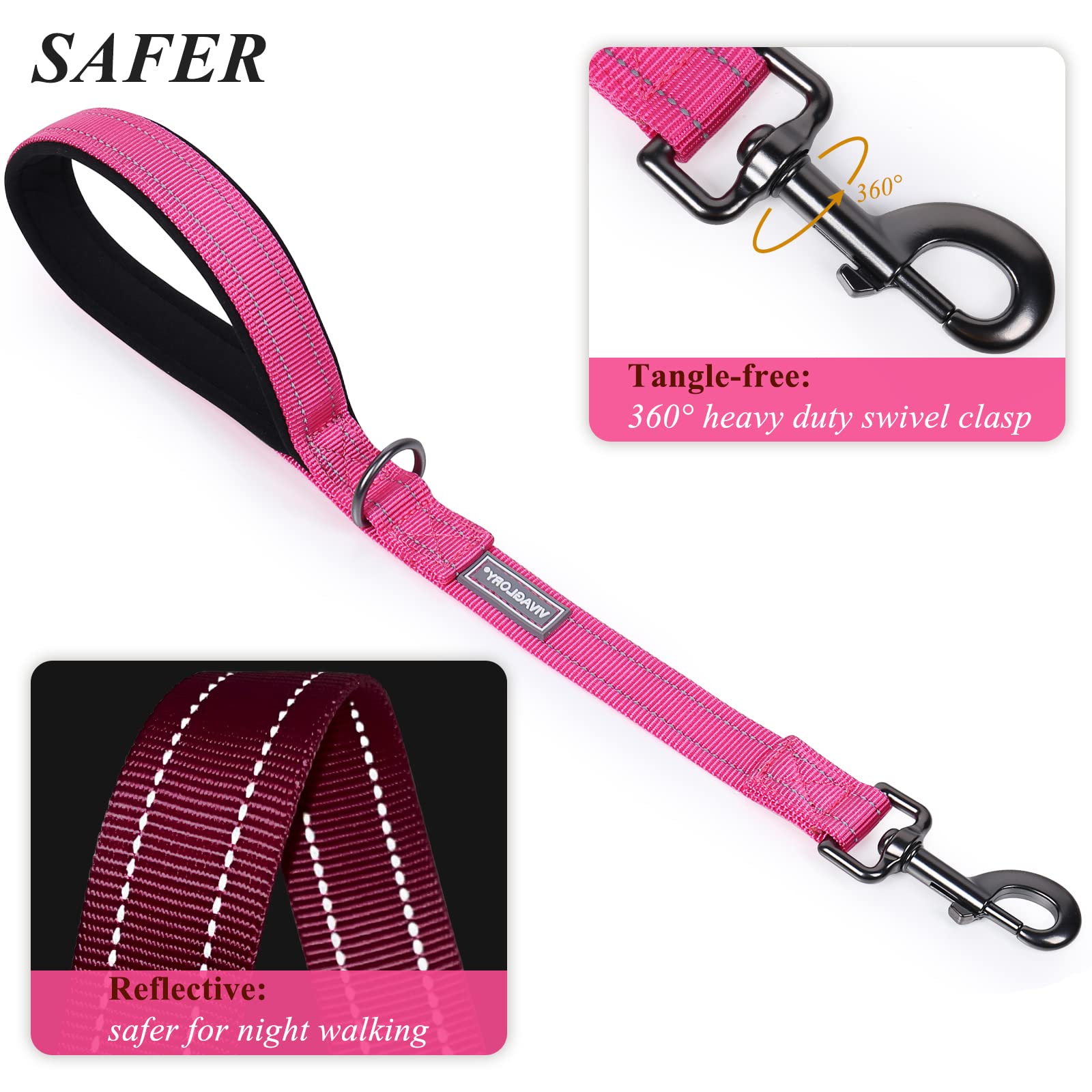 Vivaglory Short Dog Leash For Medium & Large Dogs, 18Inch, Pink