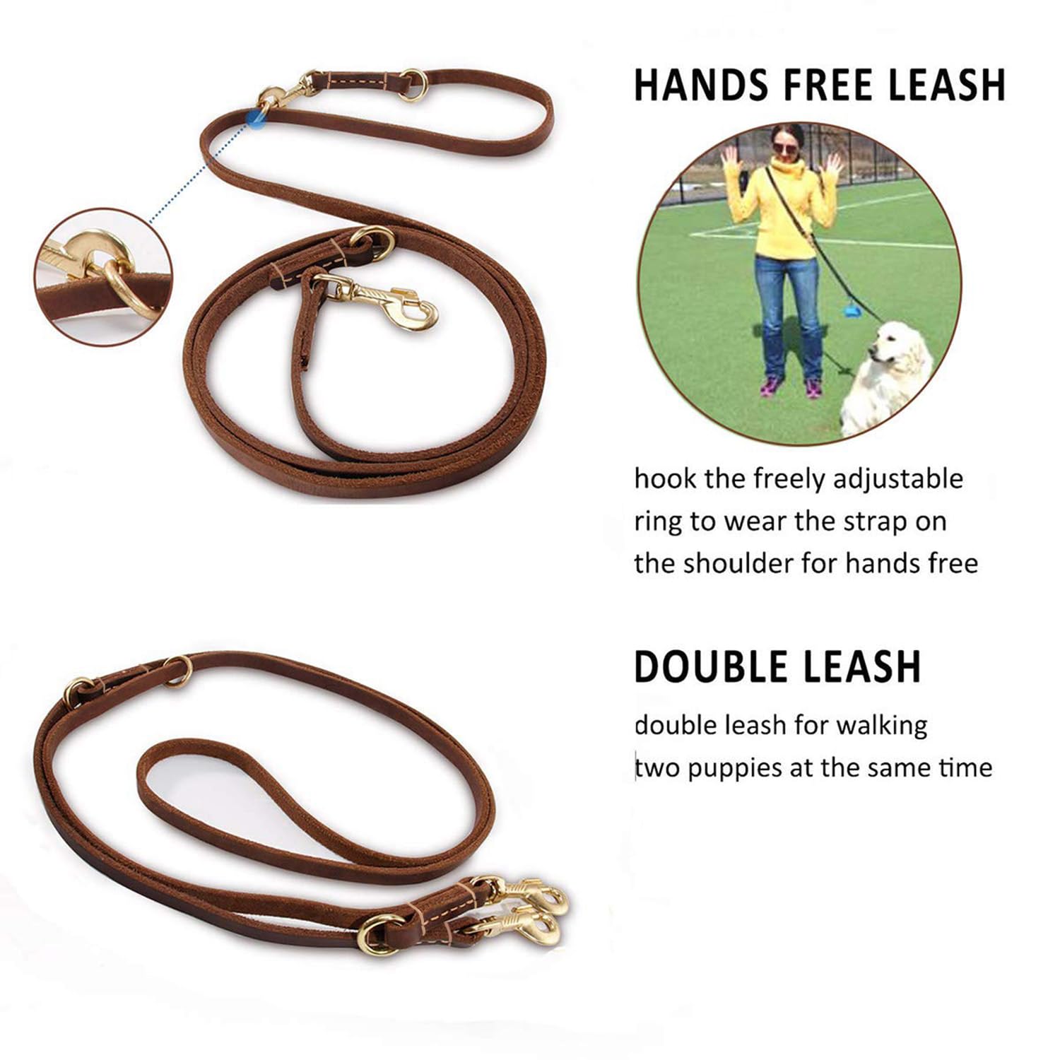 Multi Function 8Ft Leather Dog Leash, Genuine Leather Leash Hands Free Leash Dog Training Leash For Small, Medium And Large Dogs