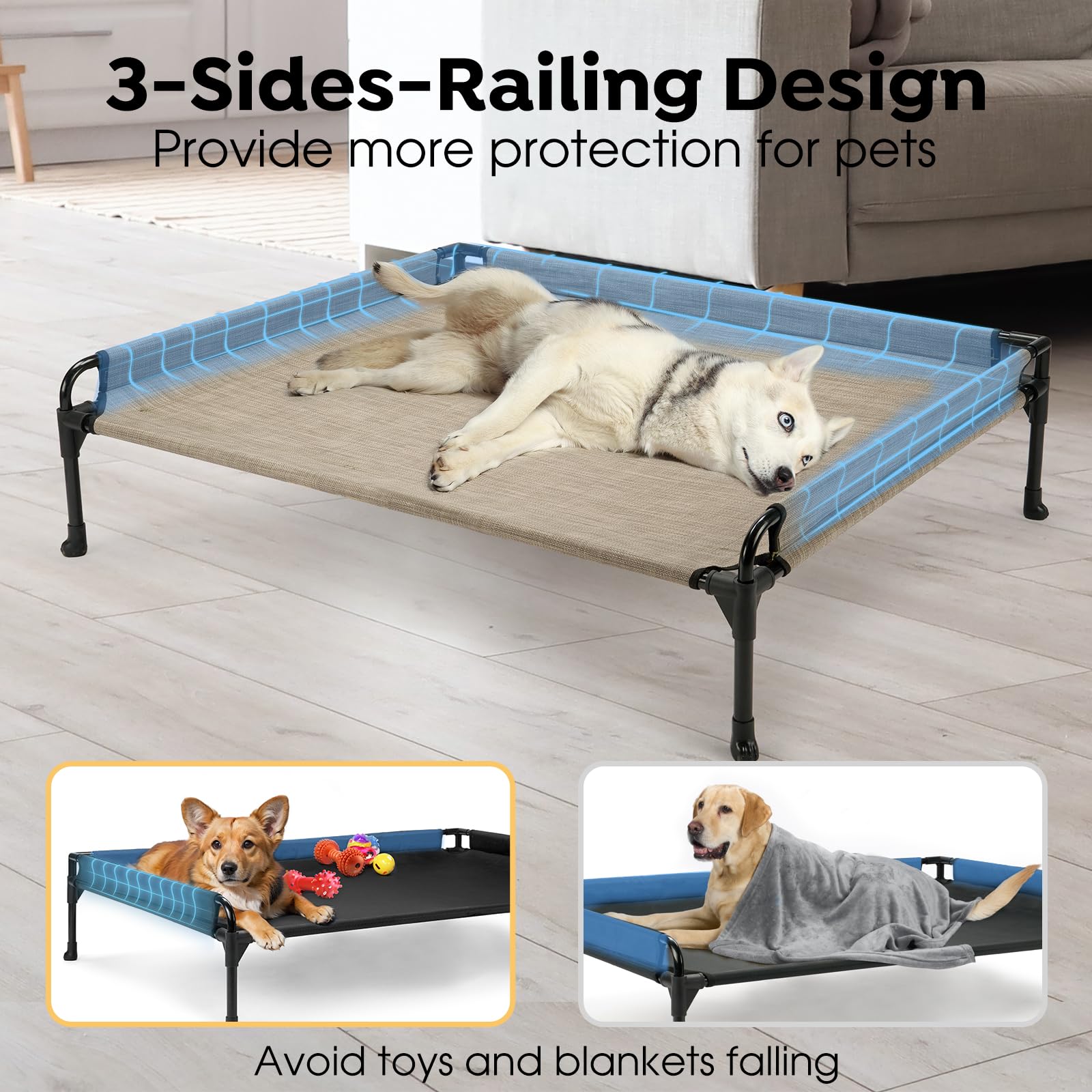 Veehoo Elevated Raised Dog Bed-Cooling Outdoor Dog Cots Bed for Large Sized Dogs Three-Sided Fence Raised Pet Cot with Durable &
