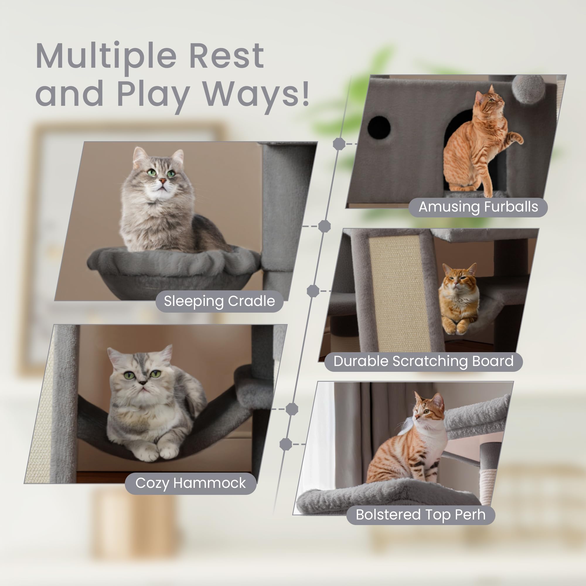Sha Cerlin 65In Larger Cat Tree Tower Condo For Indoor Kitties/Multi-Level Furniture Activity Center With Wide Base/Cozy Plush Cat Perches/Baskets/Sisal Scratching Posts And Hammock/Grey