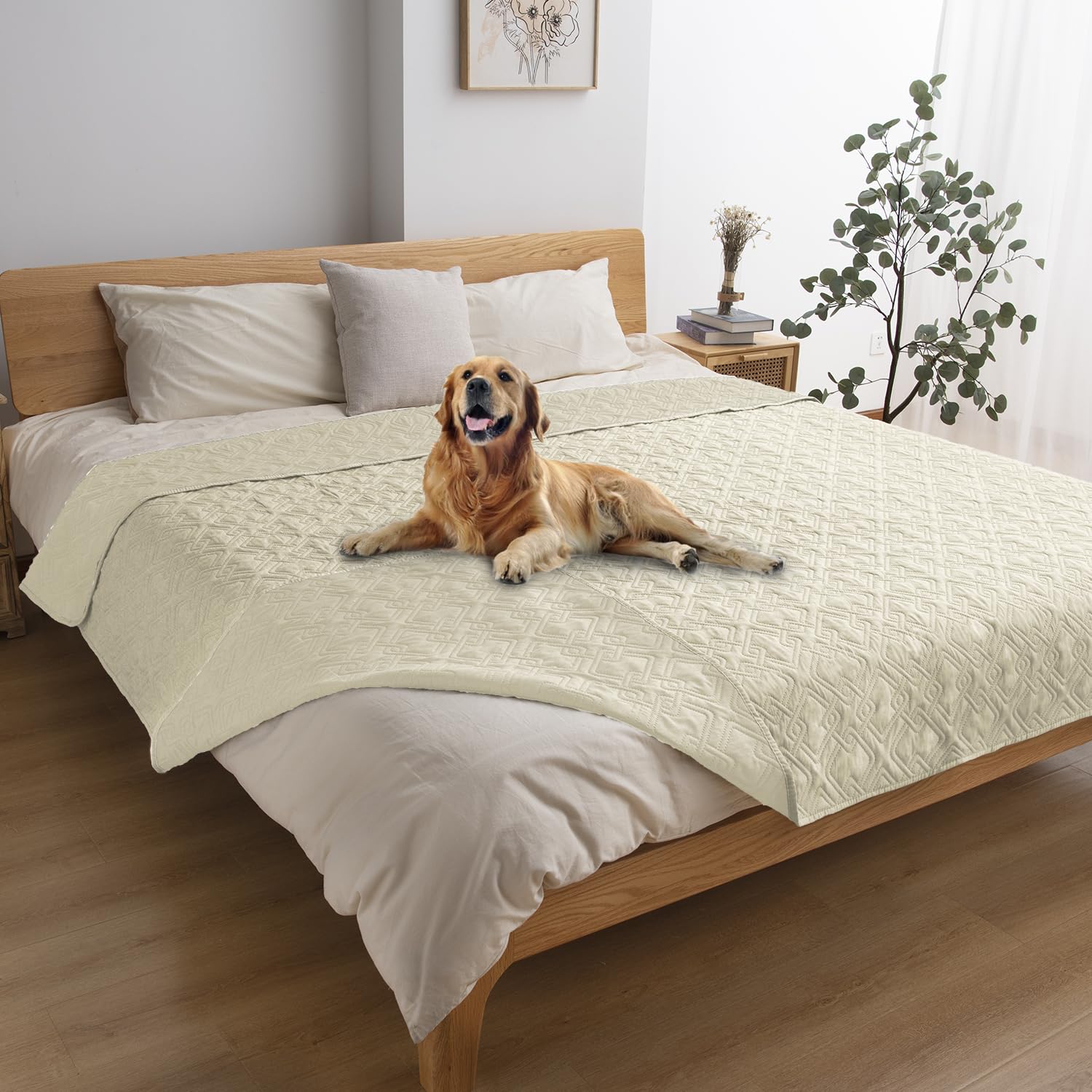 Fuguitex Waterproof Dog Bed Cover Dog Blanket For Pet Furniture Bed Couch Sofa Reversible Linen Texture(82''*82'',Cream+ Cream)